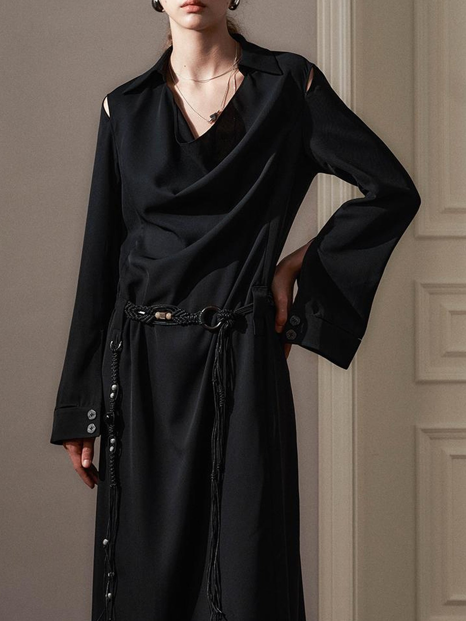 AnnoMundi Draped Neckline Slit Sleeve Black Maxi Dress