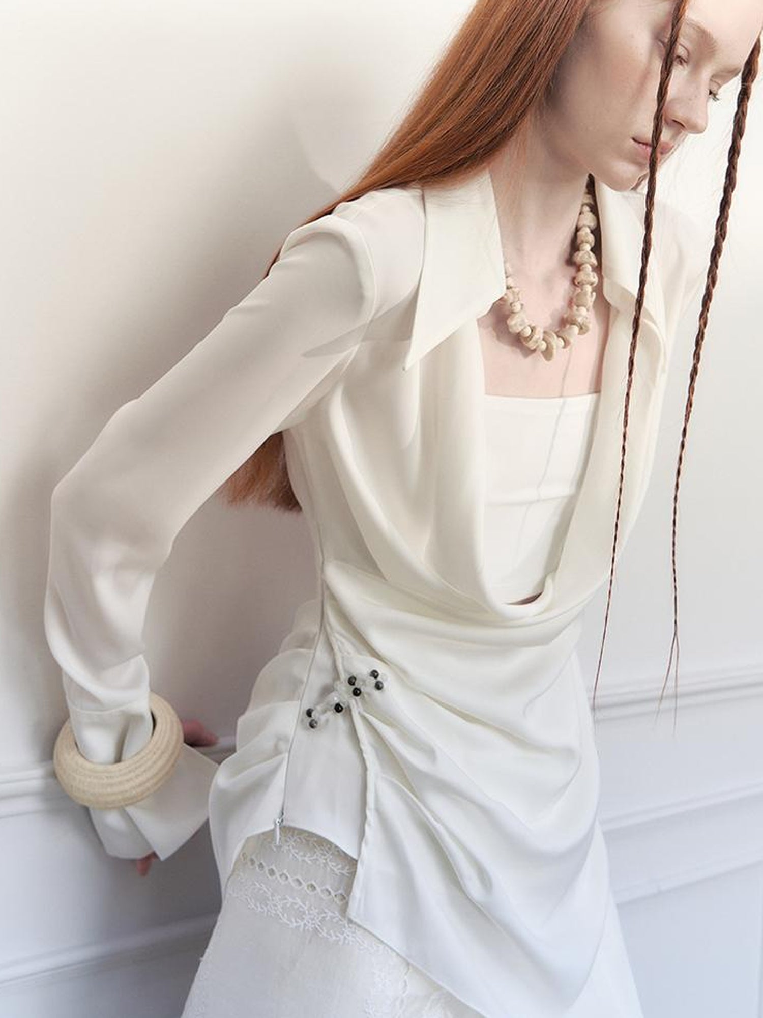 AnnoMundi Draped Silk Shirt With Handmade Frog Closures