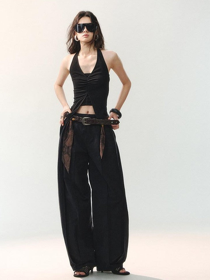 AnnoMundi Draped Twist Pleat Halter Double Layer Slit Cropped Women&