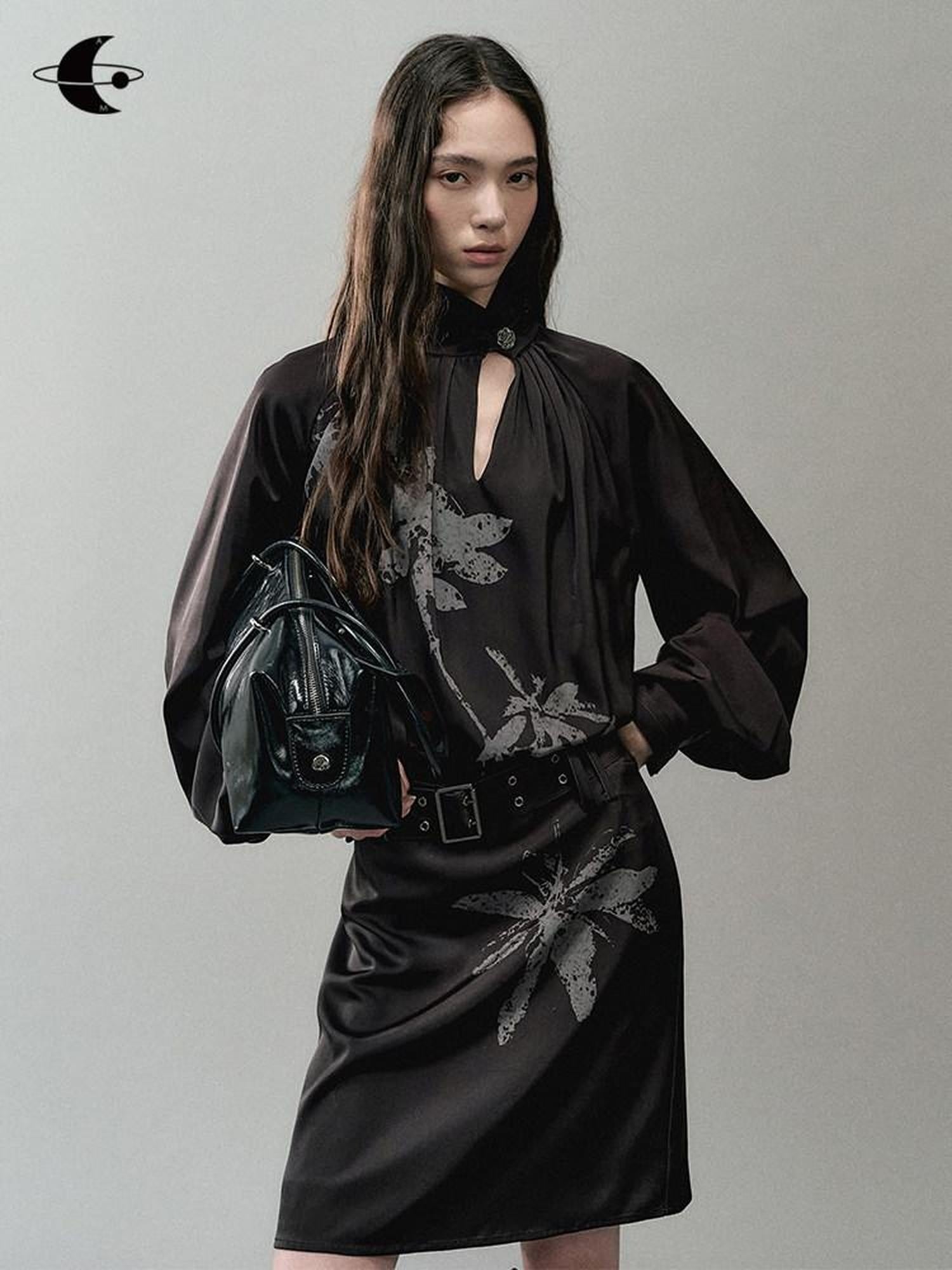 AnnoMundi Effortless Casual X Cut Asymmetric Neck Long Sleeve Printed Polyester Midi Dresses