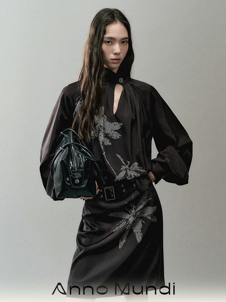 AnnoMundi Effortless Casual X Cut Asymmetric Neck Long Sleeve Printed Polyester Midi Dresses