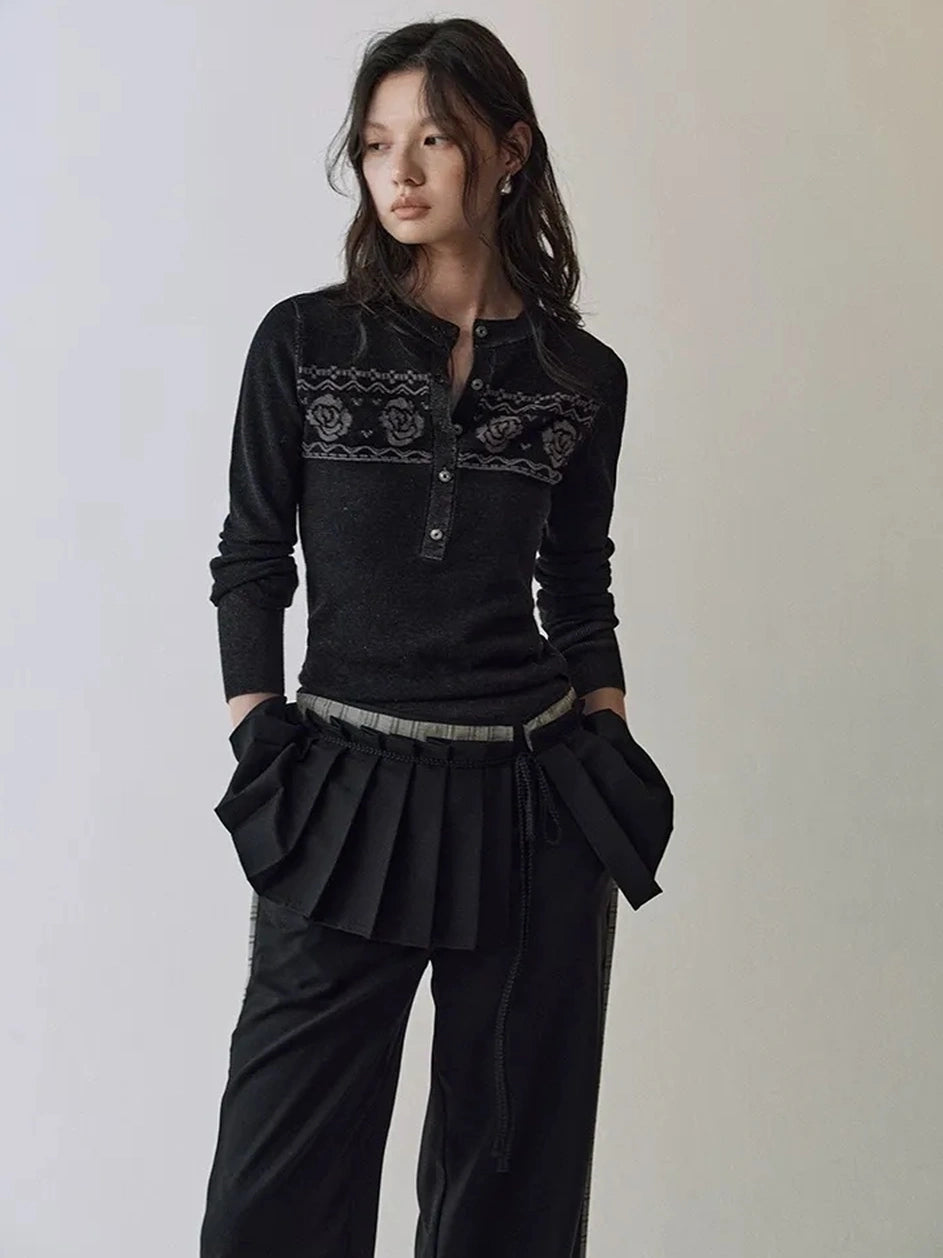 AnnoMundi Fair Isle Color Block Knit V-neck T-shirt Long Sleeve Cardigan