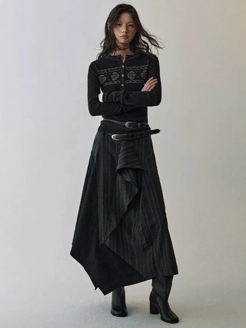 AnnoMundi Fair Isle Color Block Knit V-neck T-shirt Long Sleeve Cardigan