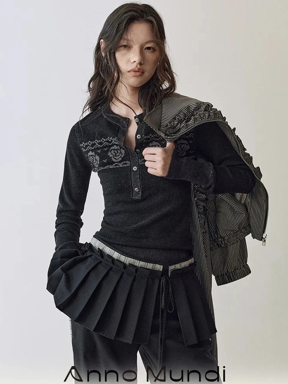 AnnoMundi Fair Isle Color Block Knit V-neck T-shirt Long Sleeve Cardigan