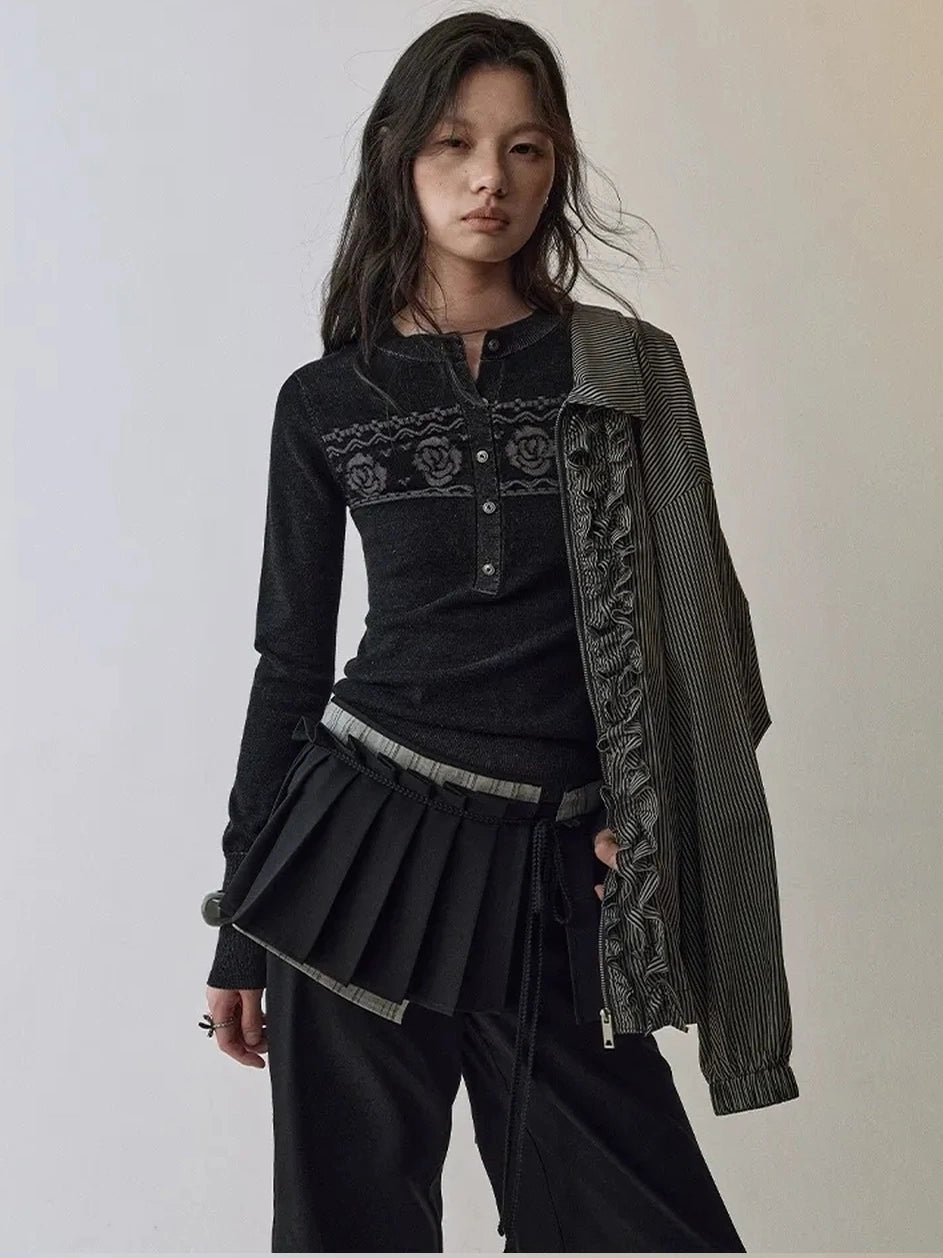 AnnoMundi Fair Isle Color Block Knit V-neck T-shirt Long Sleeve Cardigan