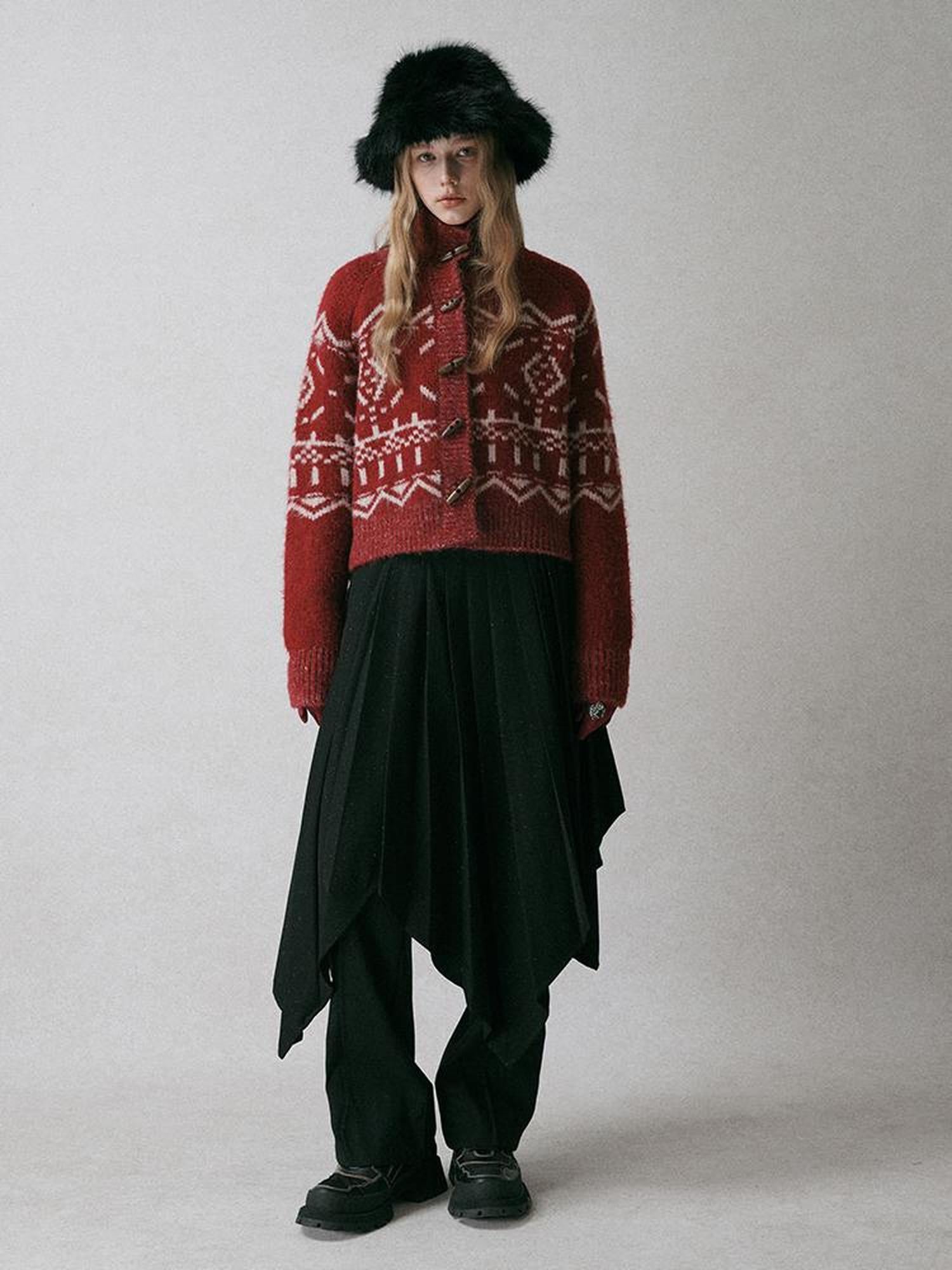 AnnoMundi Fair Isle Geometric Short Wool Cardigan V Neck T Shirt Long Sleeve