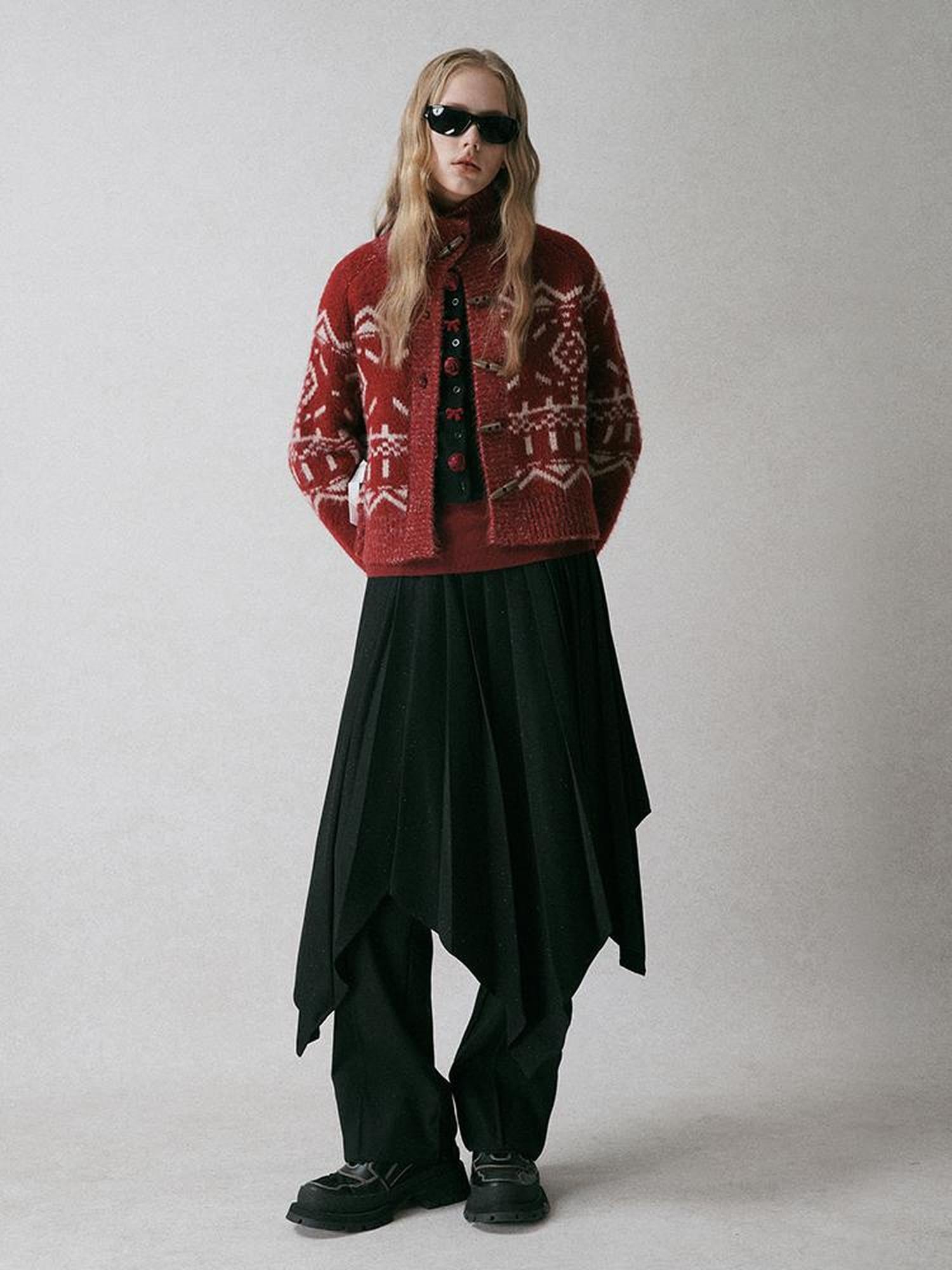AnnoMundi Fair Isle Geometric Short Wool Cardigan V Neck T Shirt Long Sleeve