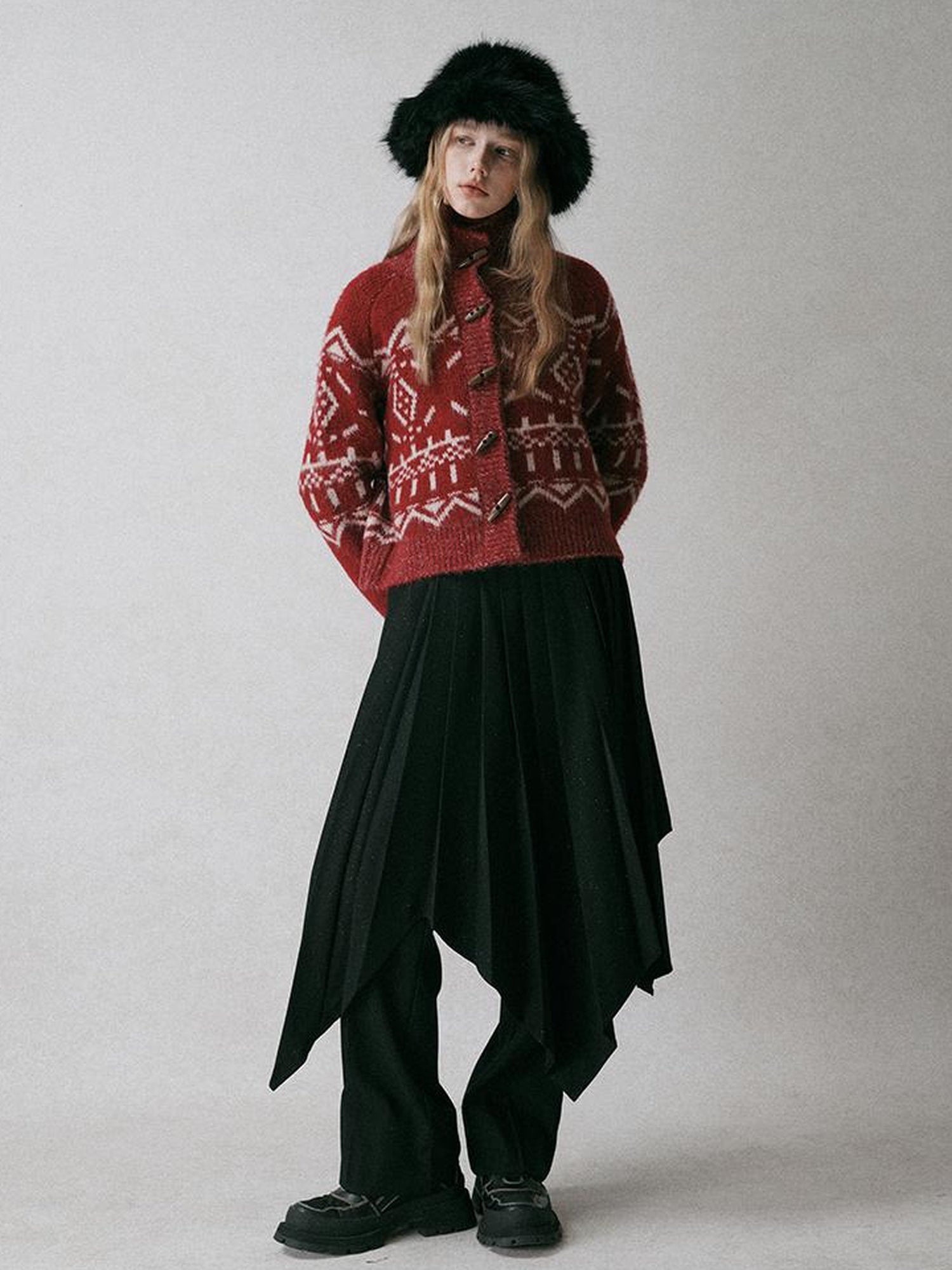 AnnoMundi Fair Isle Geometric Short Wool Cardigan V Neck T Shirt Long Sleeve