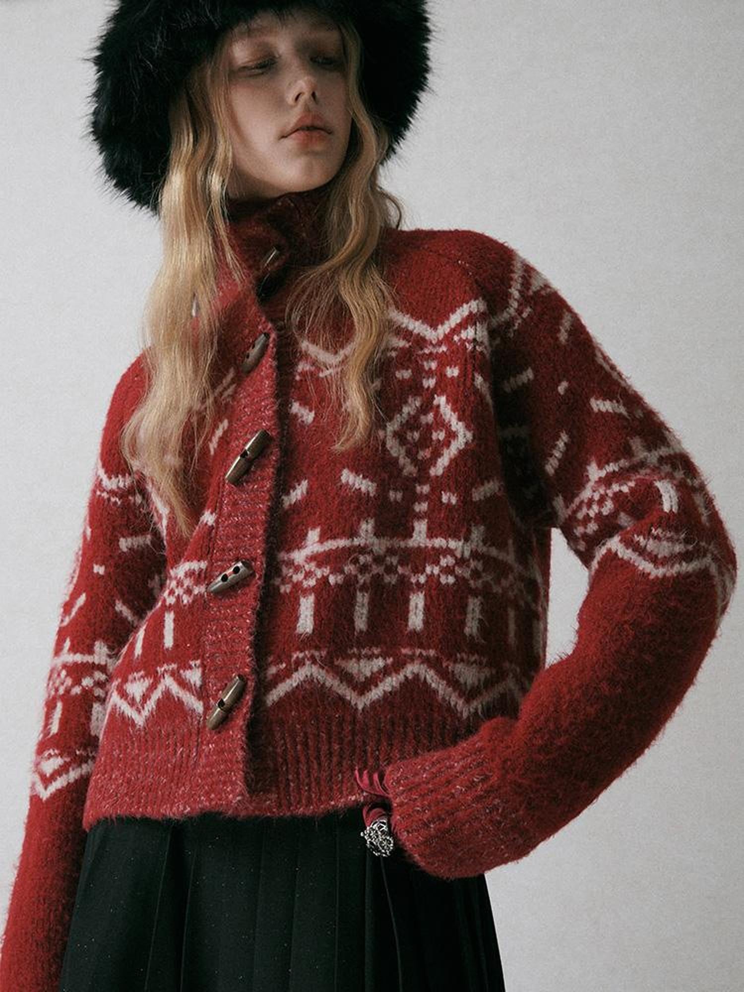 AnnoMundi Fair Isle Geometric Short Wool Cardigan V Neck T Shirt Long Sleeve
