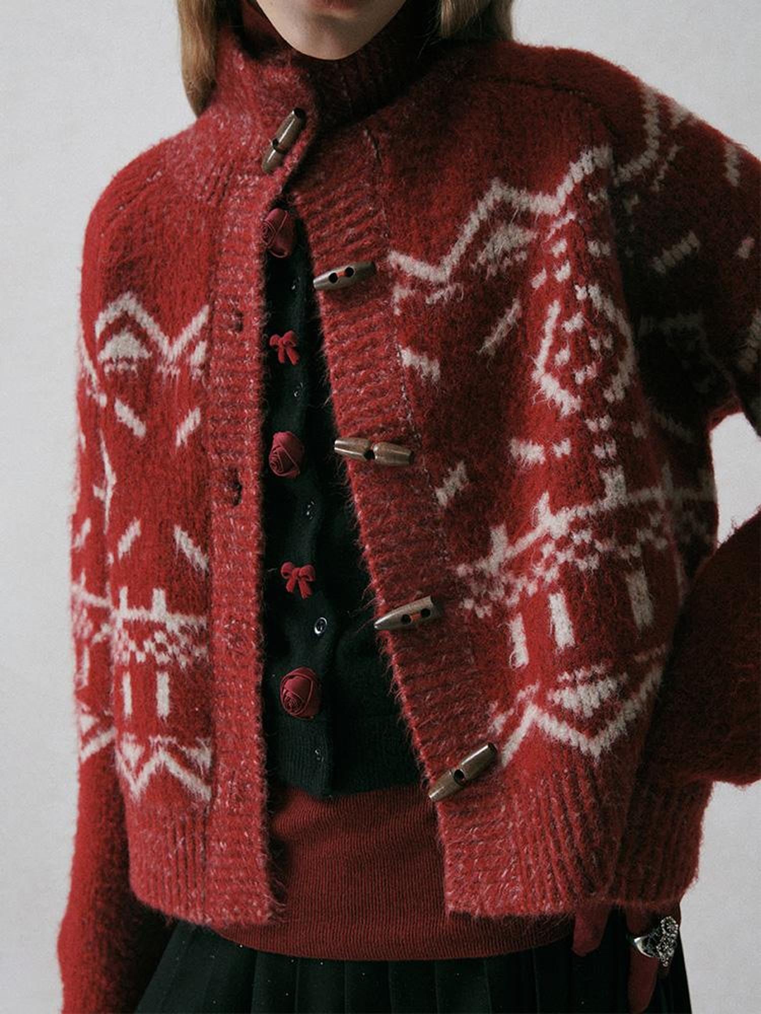AnnoMundi Fair Isle Geometric Short Wool Cardigan V Neck T Shirt Long Sleeve