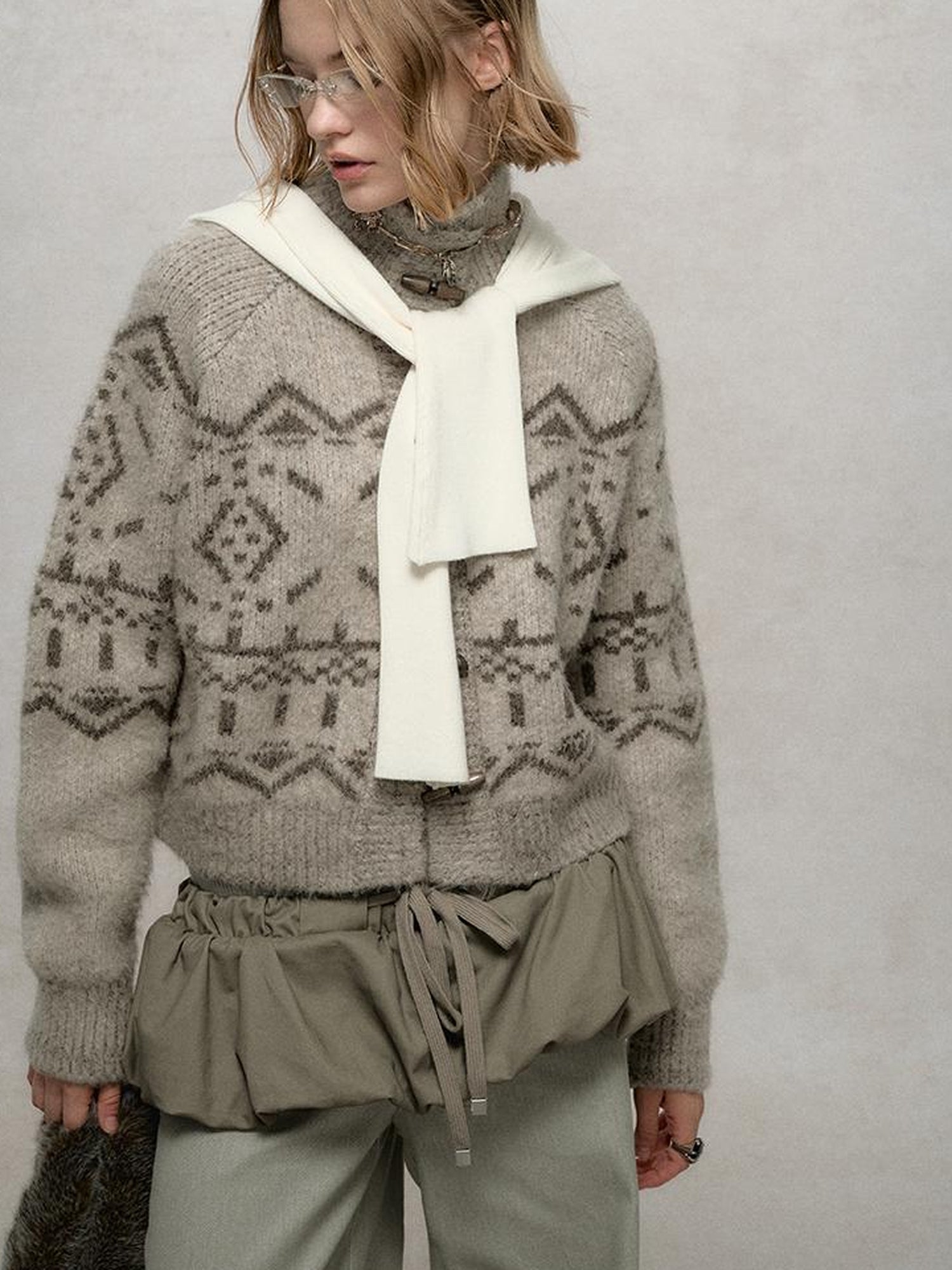 AnnoMundi Fair Isle Knit Cardigan With High Neck And Wooden Buttons