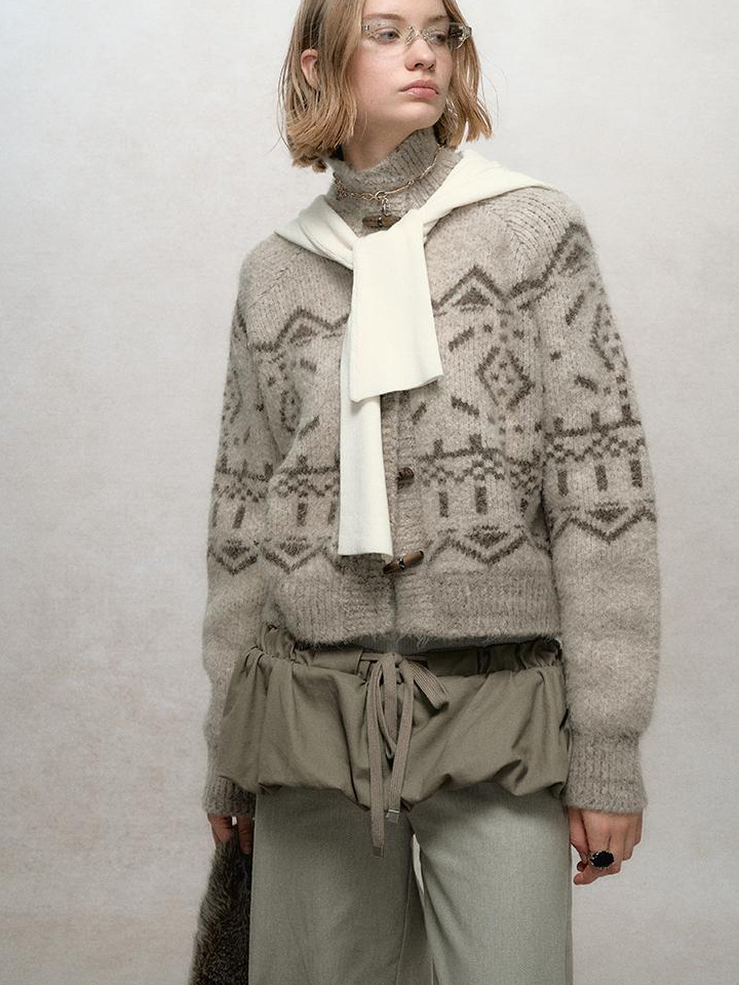 AnnoMundi Fair Isle Knit Cardigan With High Neck And Wooden Buttons