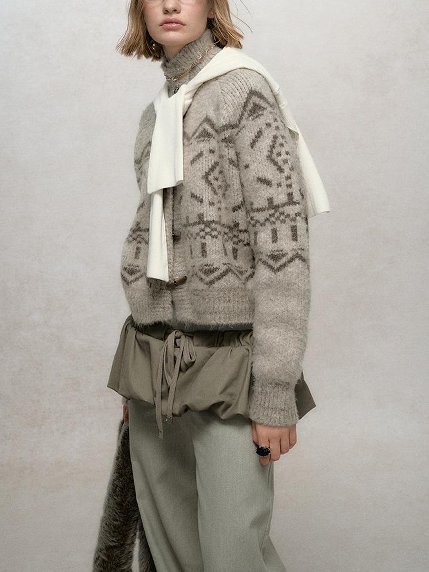 AnnoMundi Fair Isle Knit Cardigan With High Neck And Wooden Buttons