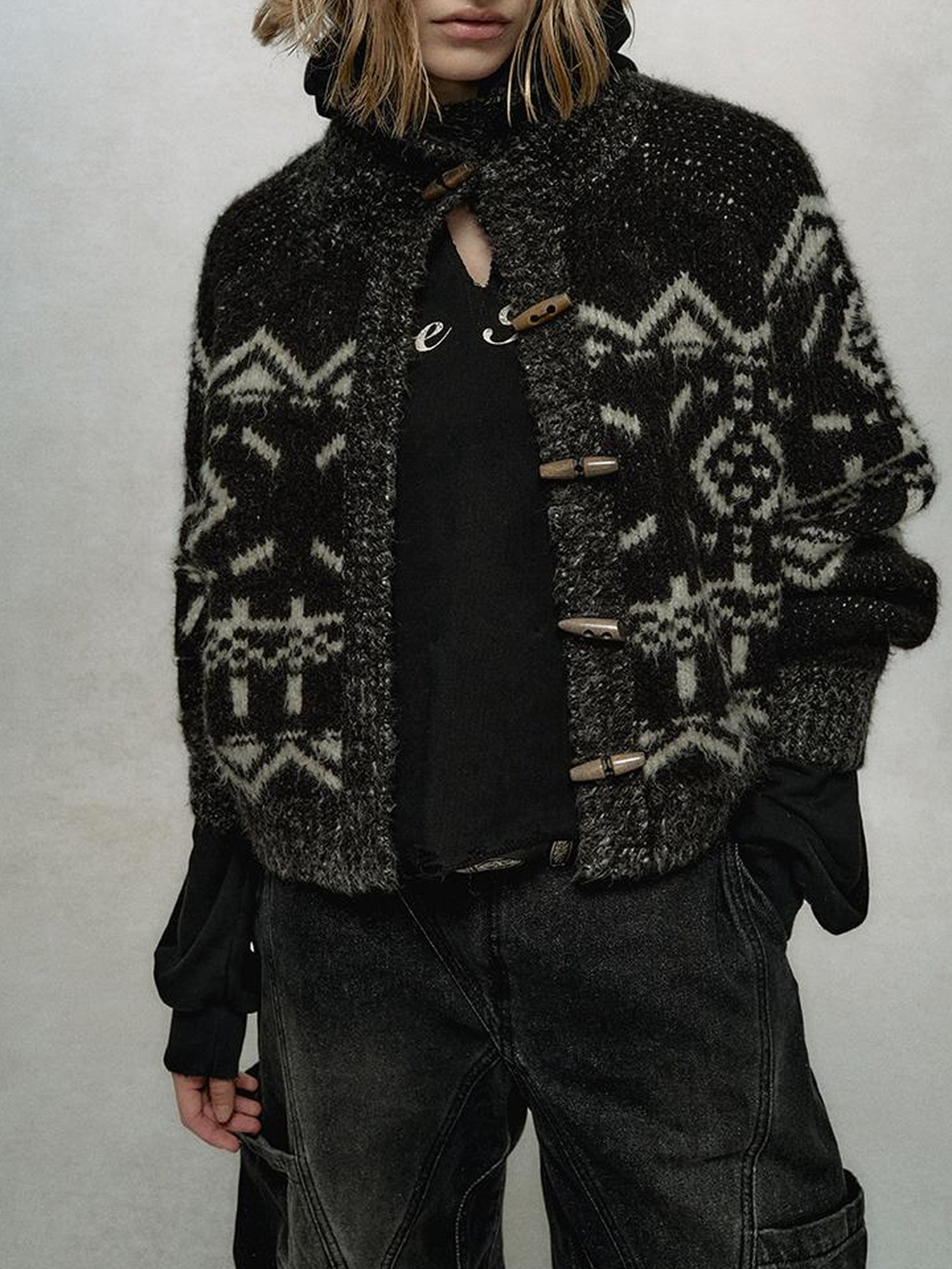 AnnoMundi Fair Isle Knit Cardigan With High Neck And Wooden Buttons