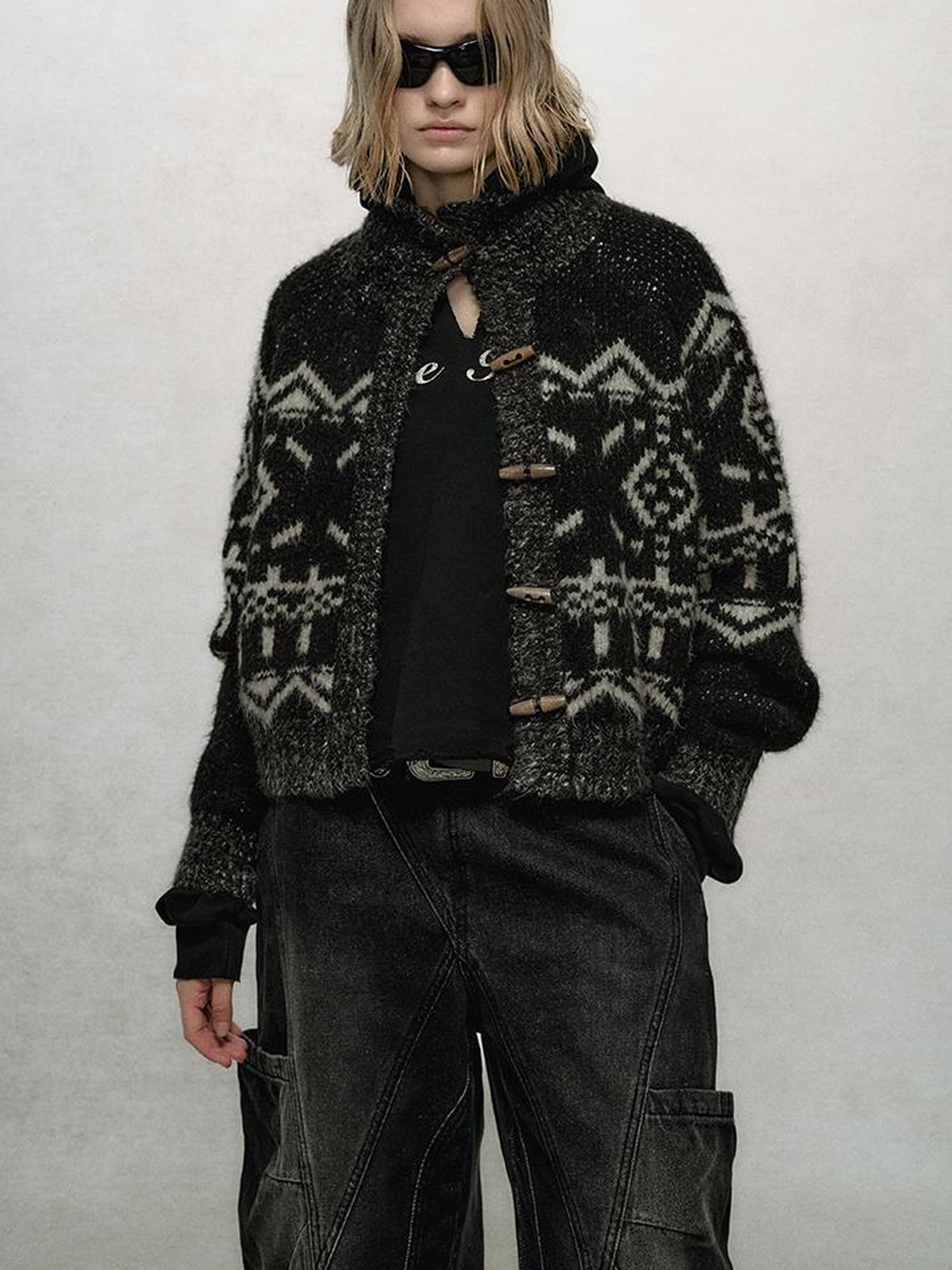 AnnoMundi Fair Isle Knit Cardigan With High Neck And Wooden Buttons