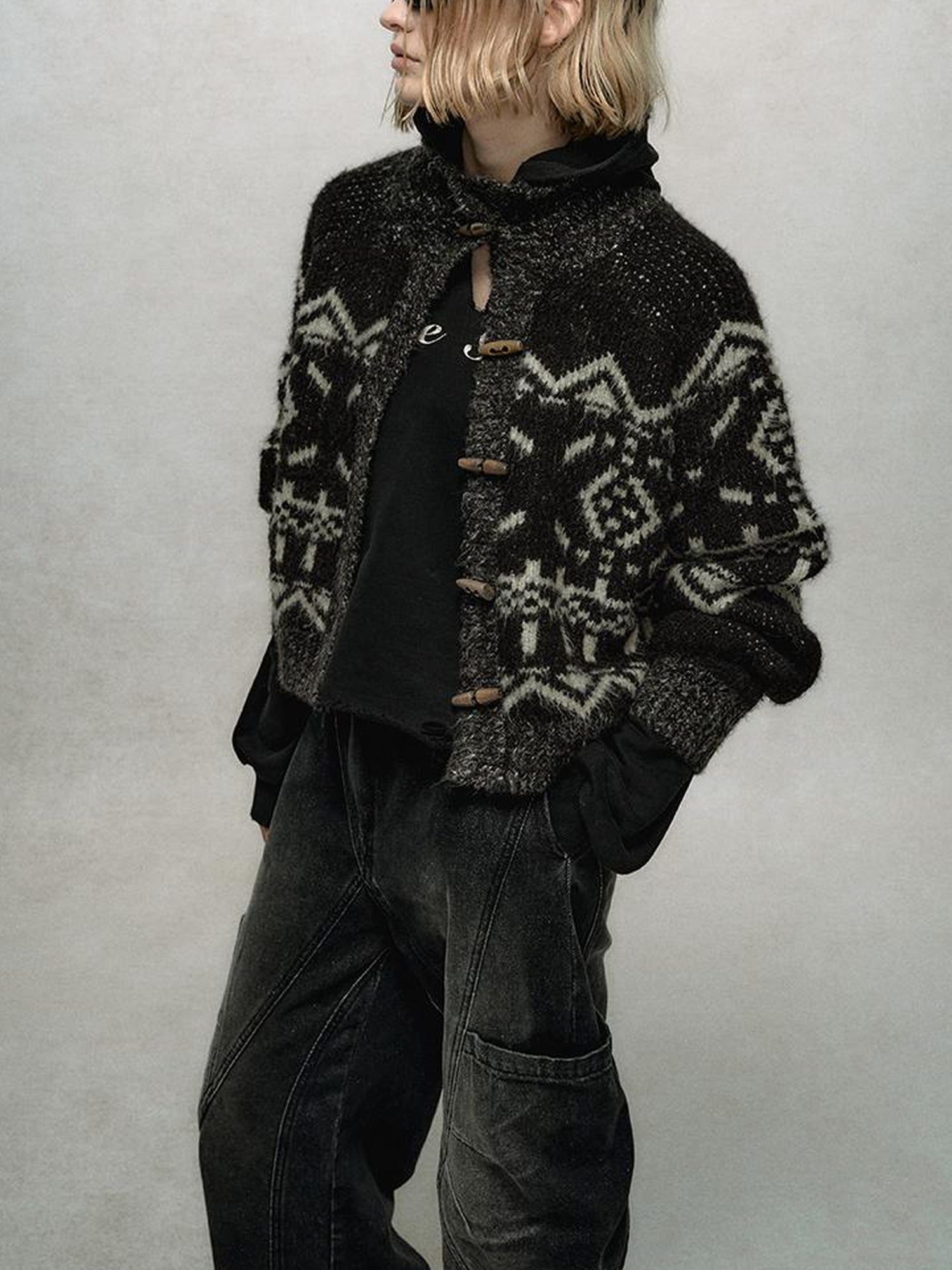 AnnoMundi Fair Isle Knit Cardigan With High Neck And Wooden Buttons