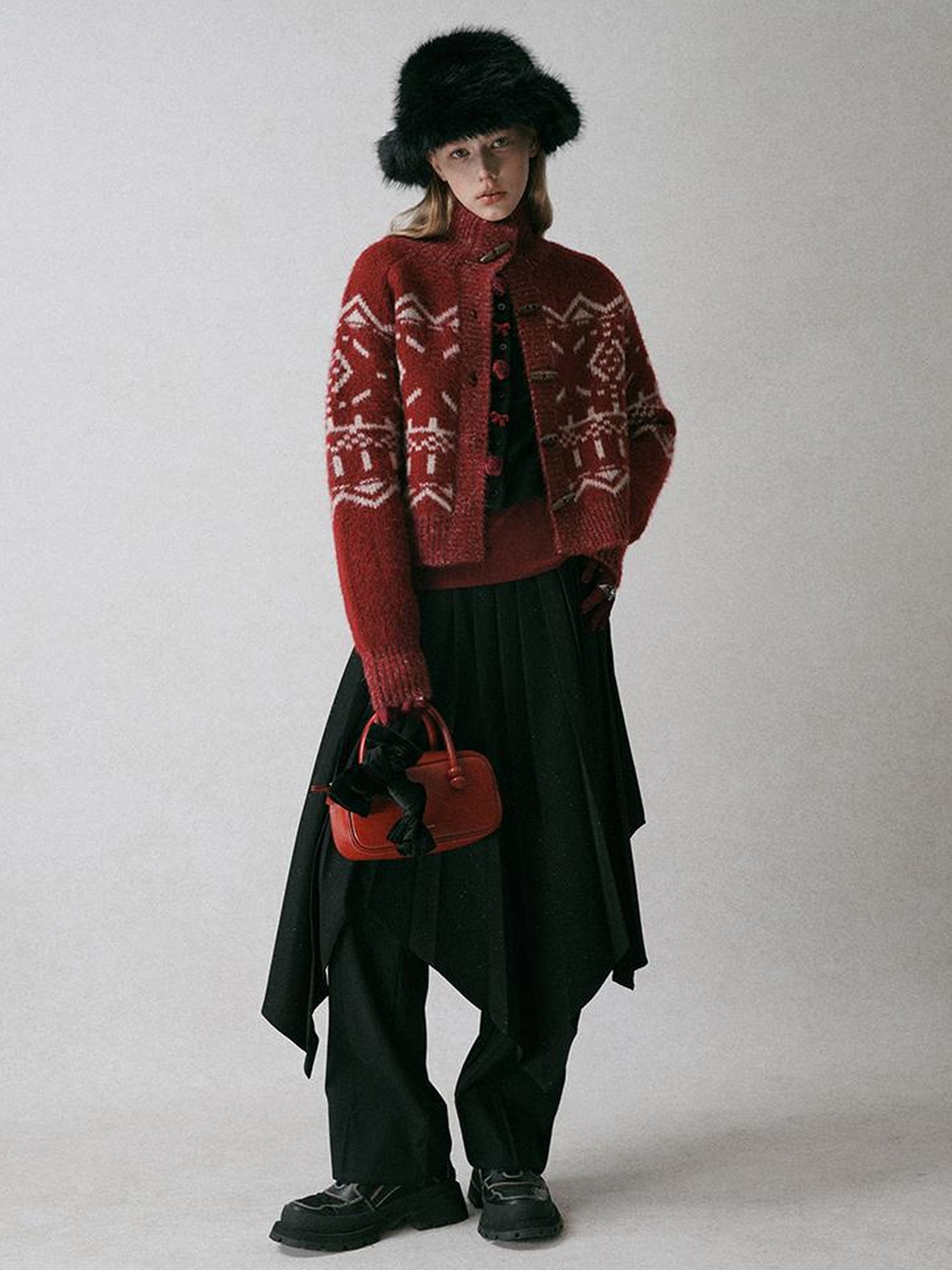 AnnoMundi Fair Isle Knit Cardigan With High Neck And Wooden Buttons