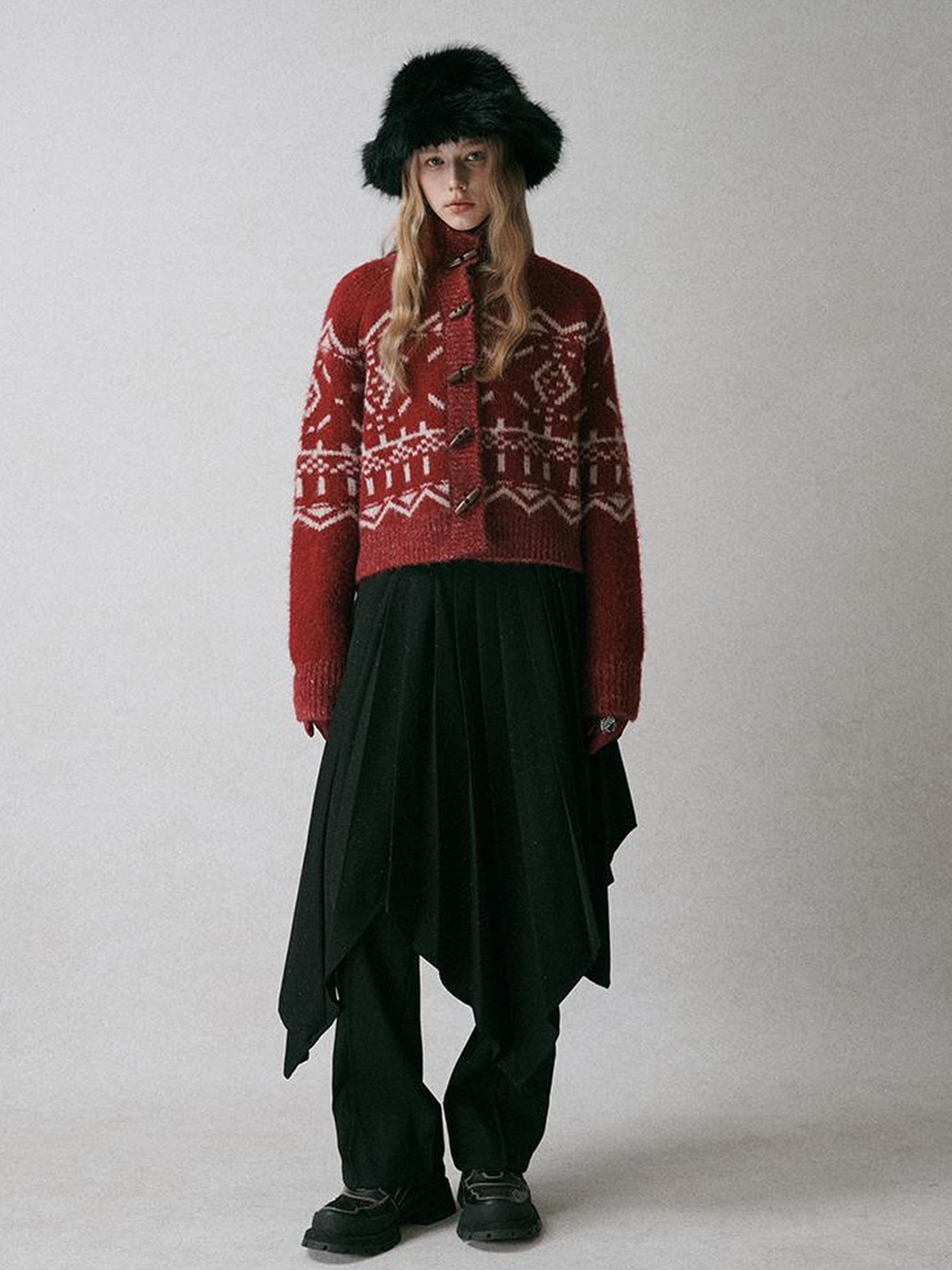 AnnoMundi Fair Isle Knit Cardigan With High Neck And Wooden Buttons
