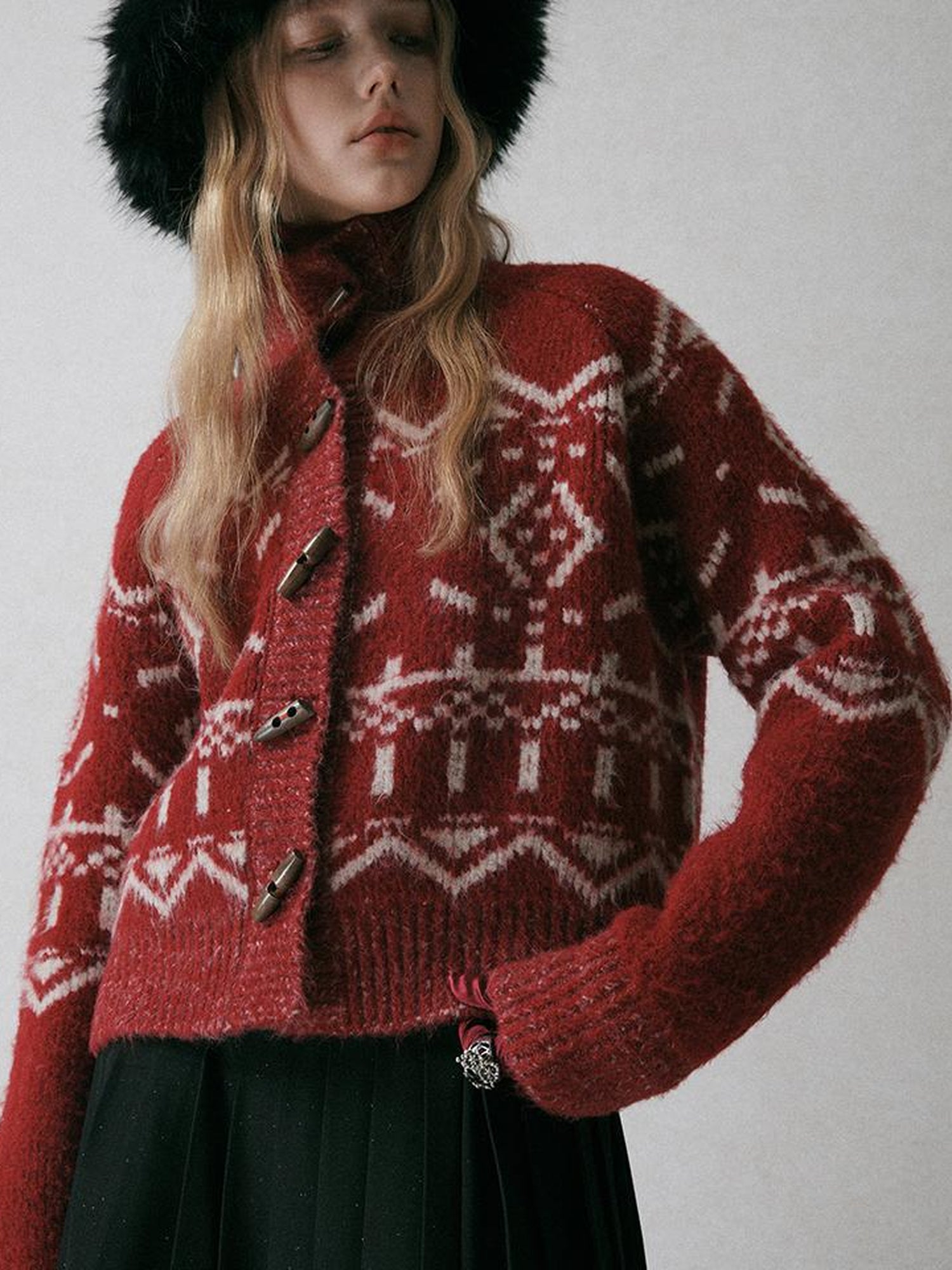 AnnoMundi Fair Isle Knit Cardigan With High Neck And Wooden Buttons