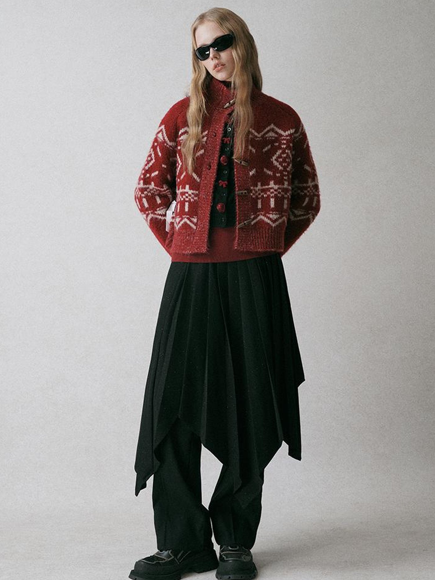 AnnoMundi Fair Isle Knit Cardigan With High Neck And Wooden Buttons