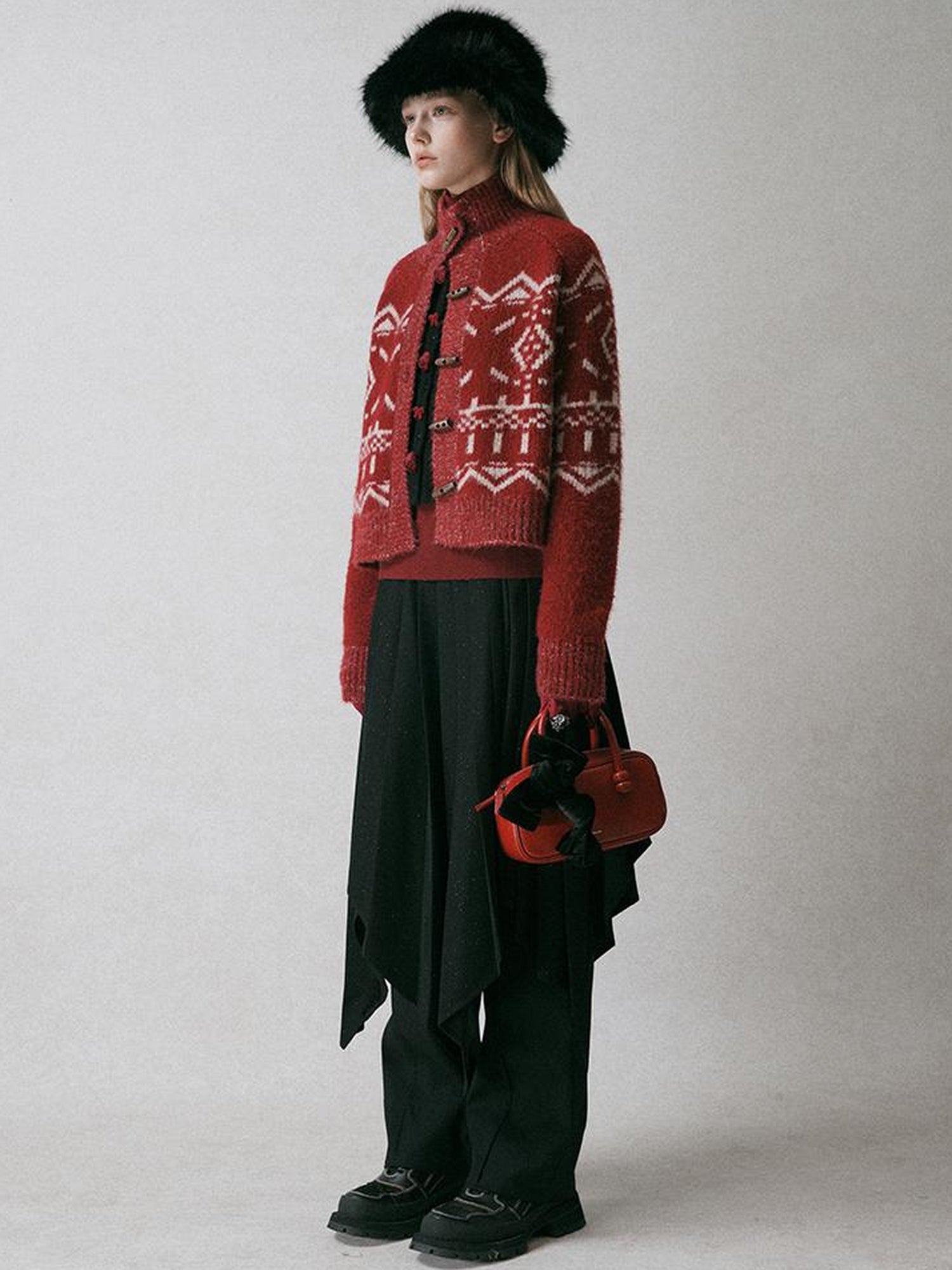 AnnoMundi Fair Isle Knit Cardigan With High Neck And Wooden Buttons
