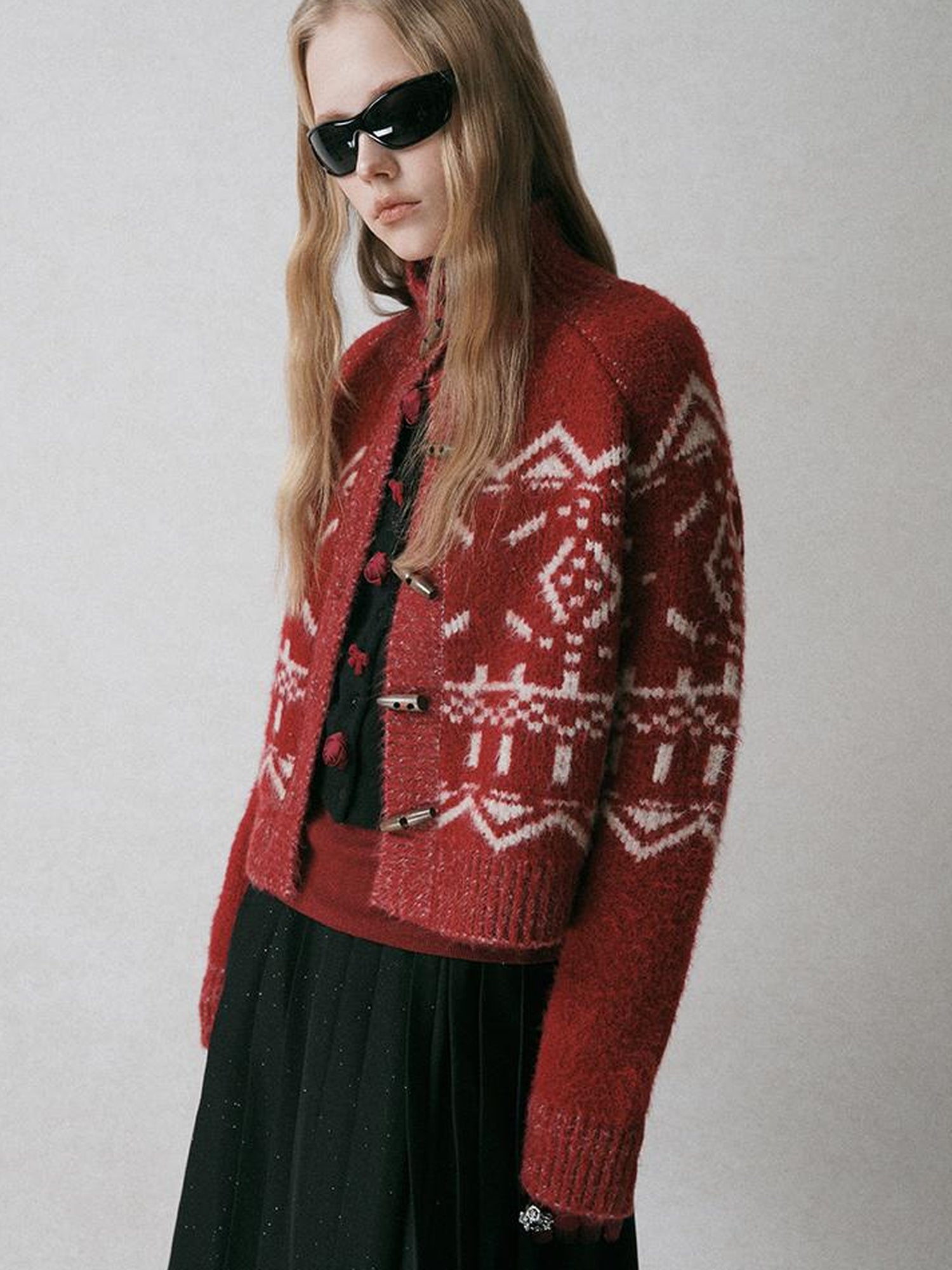 AnnoMundi Fair Isle Knit Cardigan With High Neck And Wooden Buttons