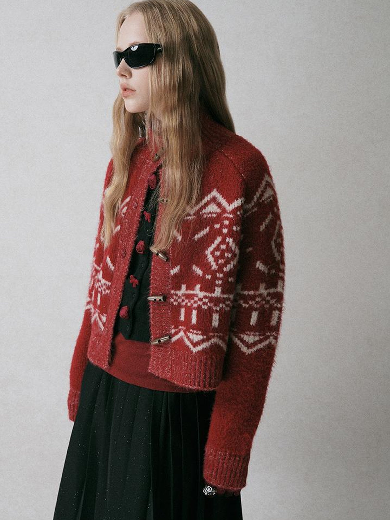 AnnoMundi Fair Isle Knit Cardigan With High Neck And Wooden Buttons