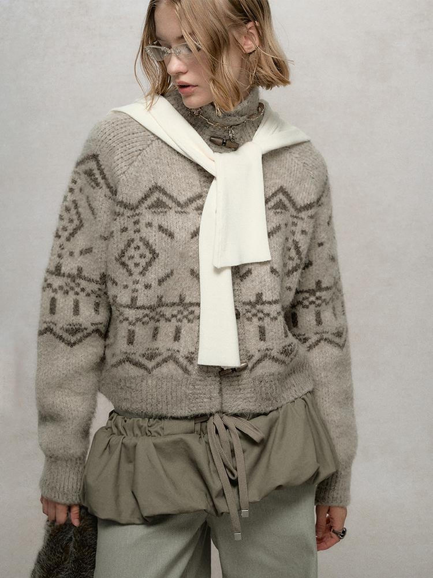 AnnoMundi Fair Isle Knit Cardigan With High Neck And Wooden Buttons