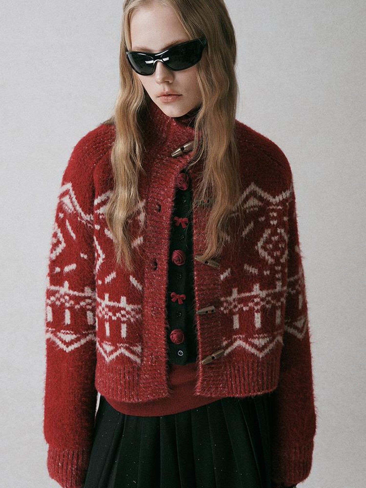 AnnoMundi Fair Isle Knit Cardigan With High Neck And Wooden Buttons