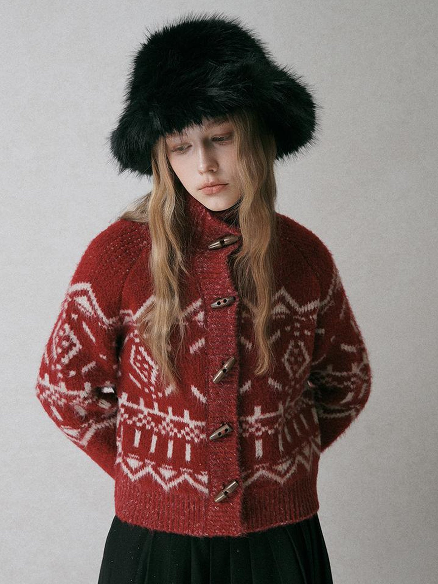 AnnoMundi Fair Isle Knit Cardigan With High Neck And Wooden Buttons