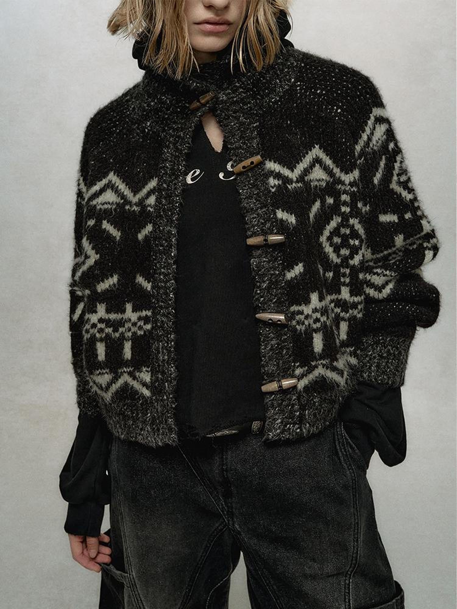 AnnoMundi Fair Isle Knit Cardigan With High Neck And Wooden Buttons
