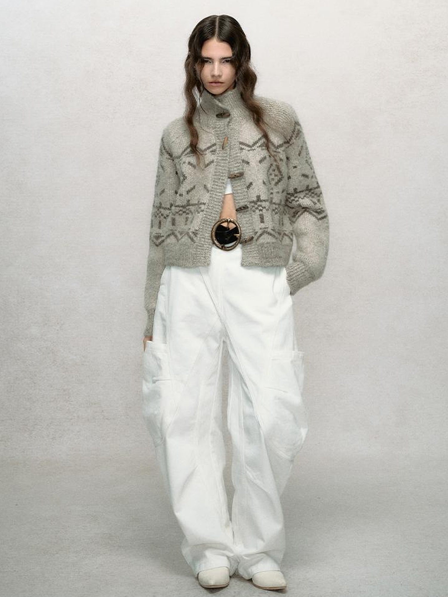 AnnoMundi Fair Isle Knit Cardigan With High Neck And Wooden Buttons