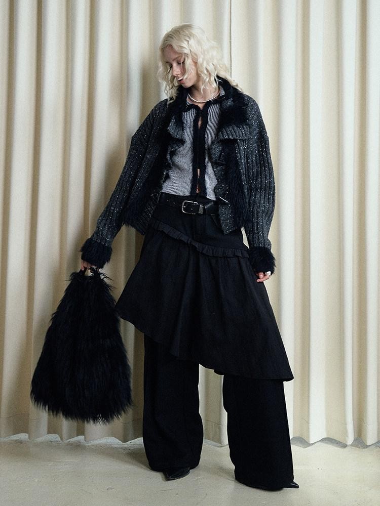 AnnoMundi Faux Mink Plush Knit Hook Closure Turn Down Collar Slim Fit Women&