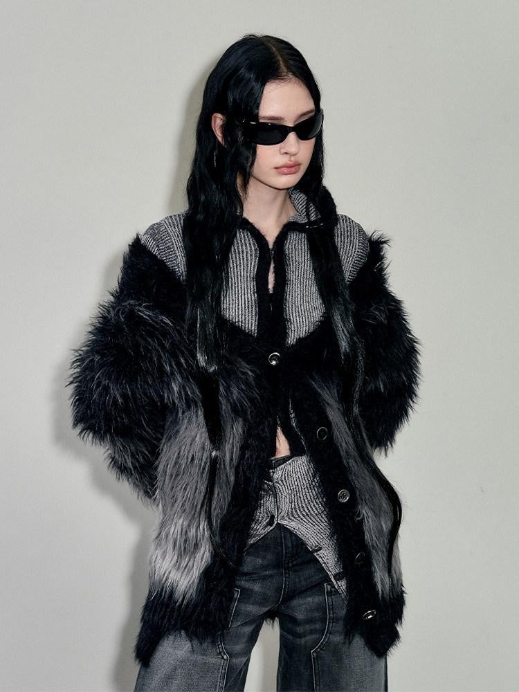 AnnoMundi Faux Mink Plush Knit Hook Closure Turn Down Collar Slim Fit Women&