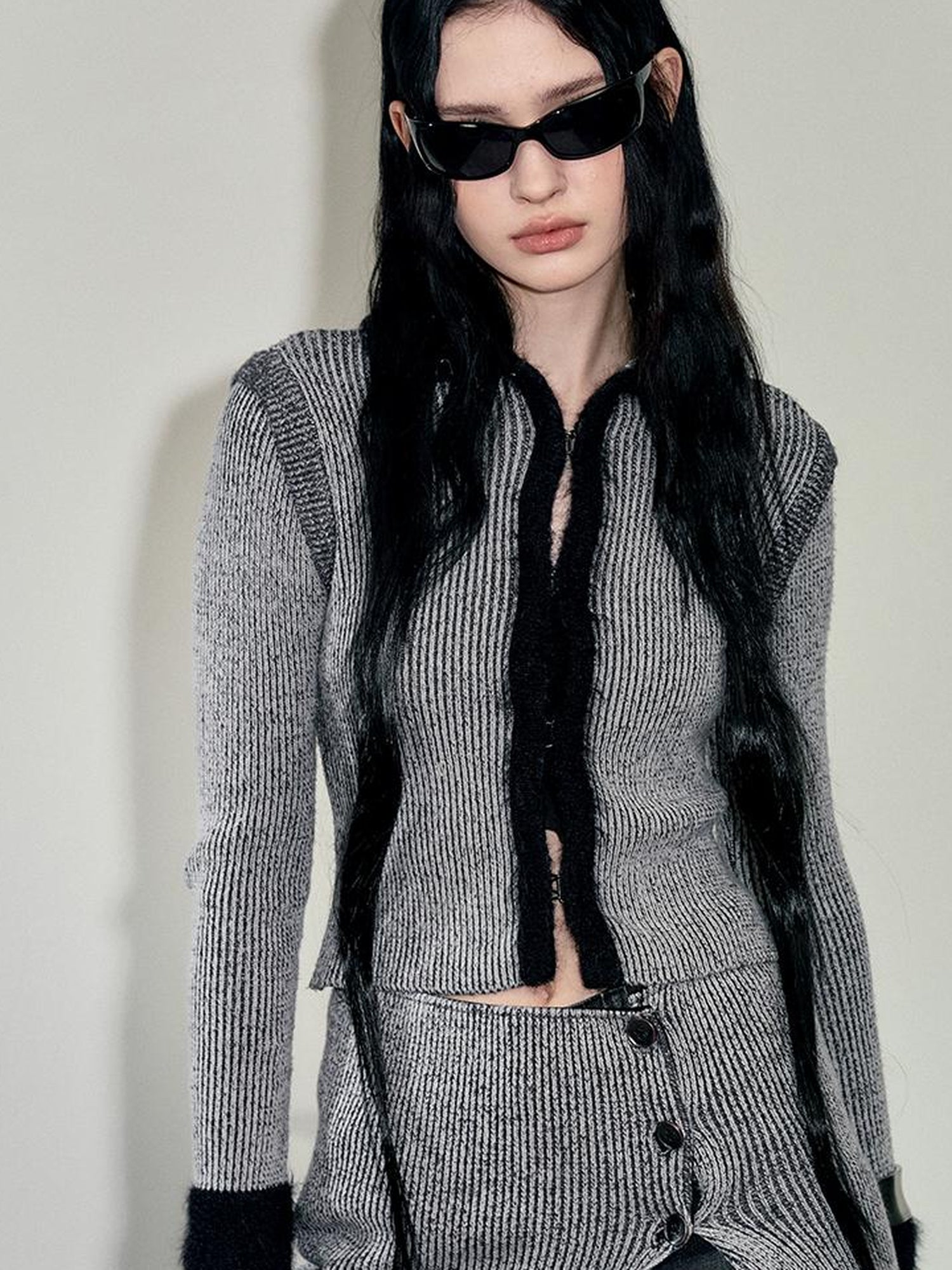 AnnoMundi Faux Mink Trimmed Hook Front Knit Cardigan
