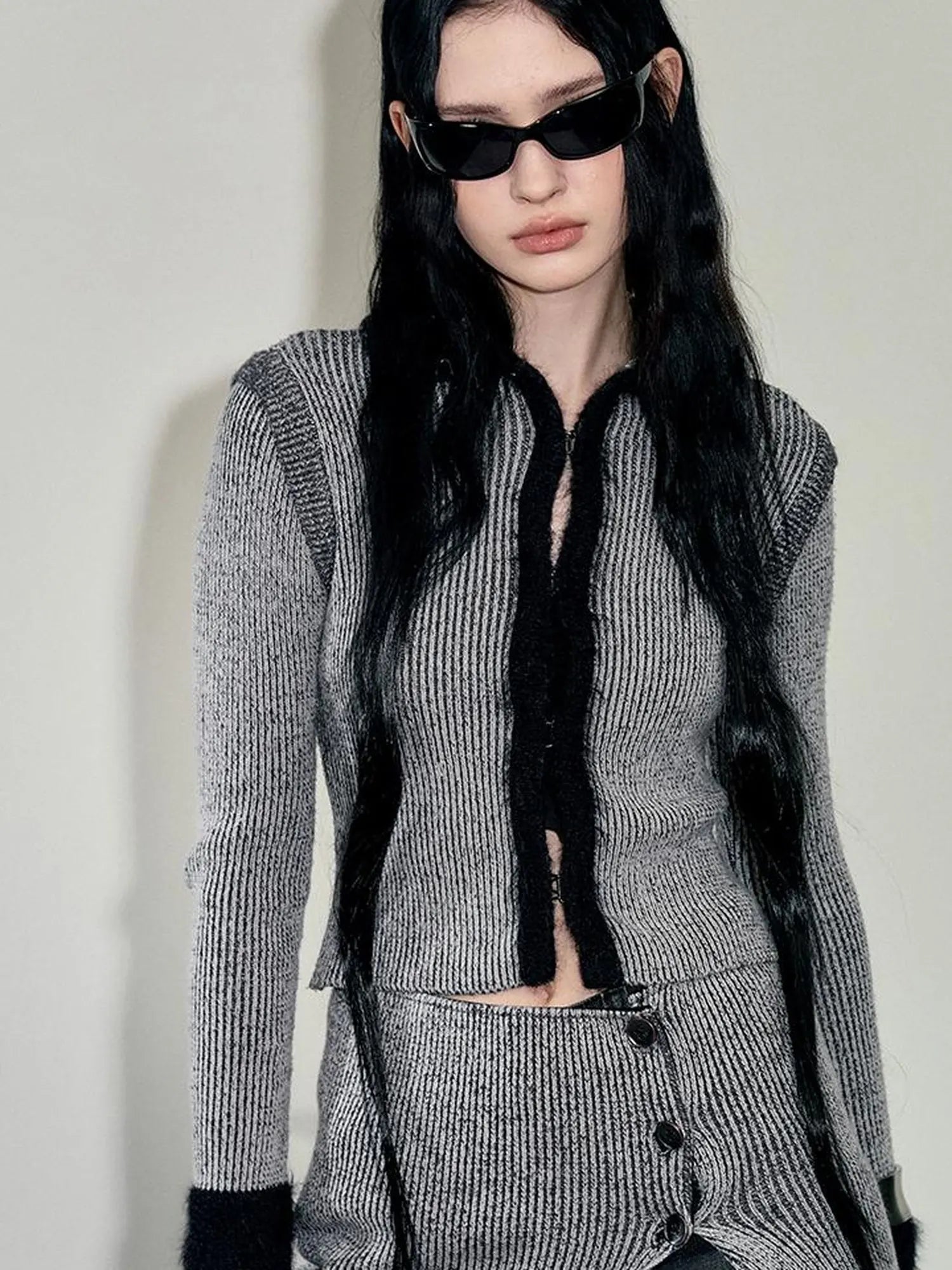 Faux Mink Trimmed Hook Front Knit Cardigan
