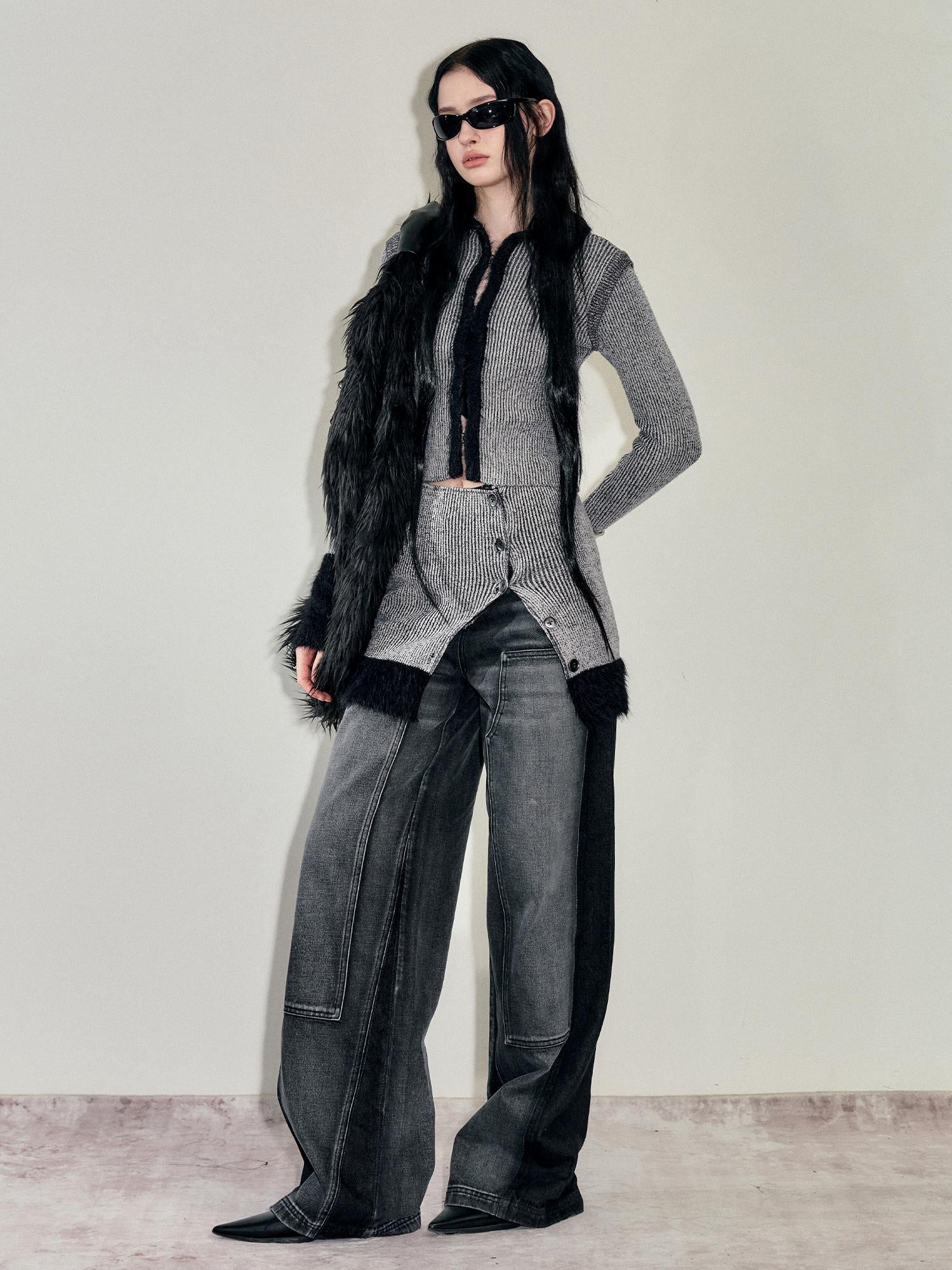 AnnoMundi Faux Mink Trimmed Hook Front Knit Cardigan