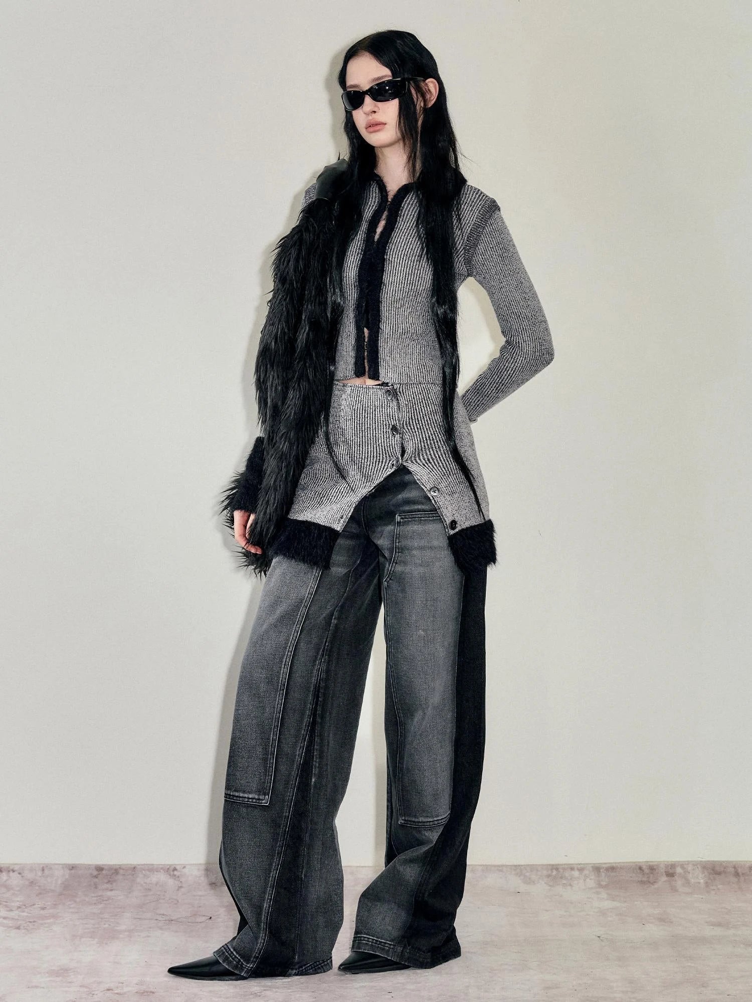 Faux Mink Trimmed Hook Front Knit Cardigan