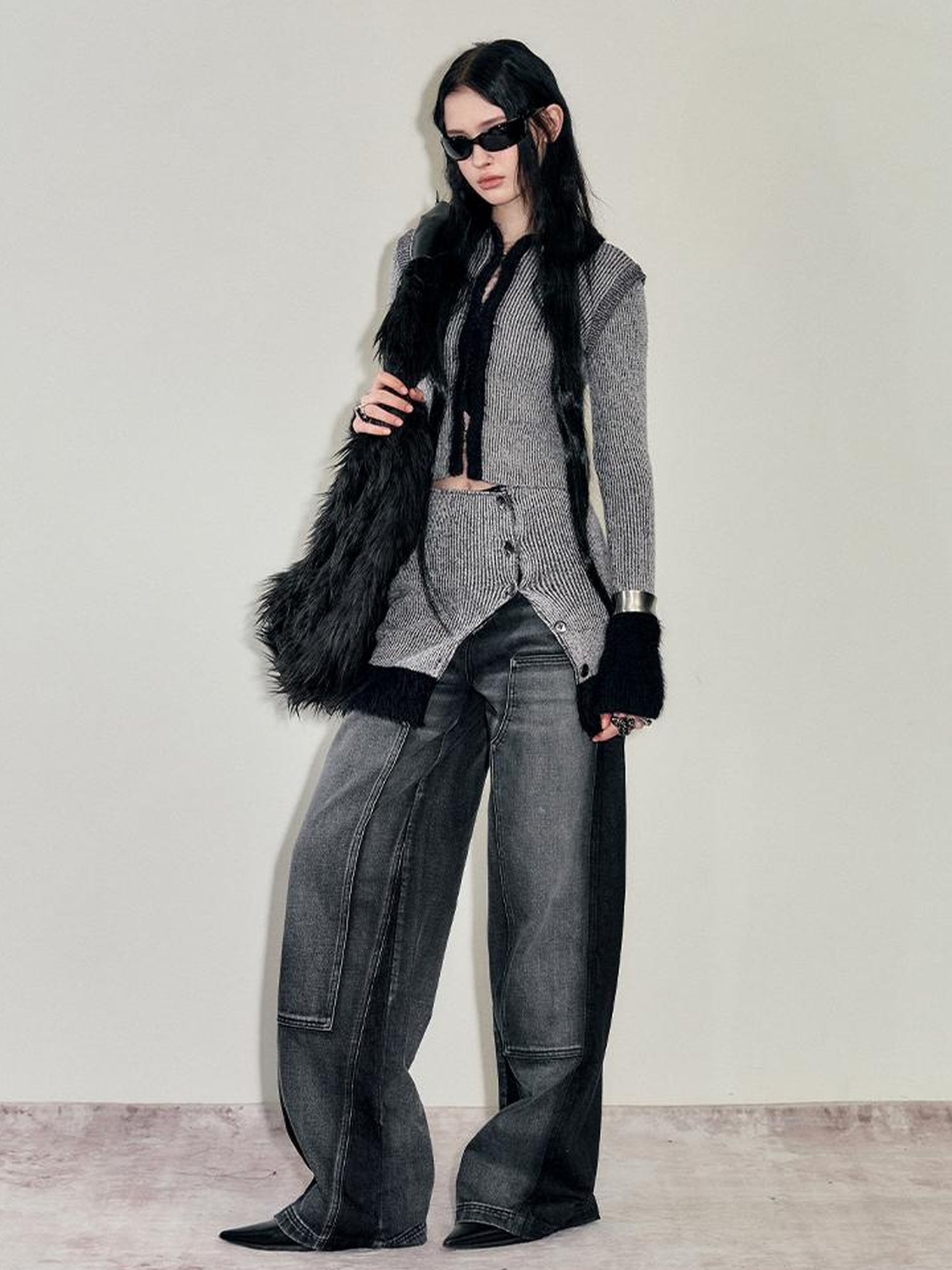 AnnoMundi Faux Mink Trimmed Hook Front Knit Cardigan