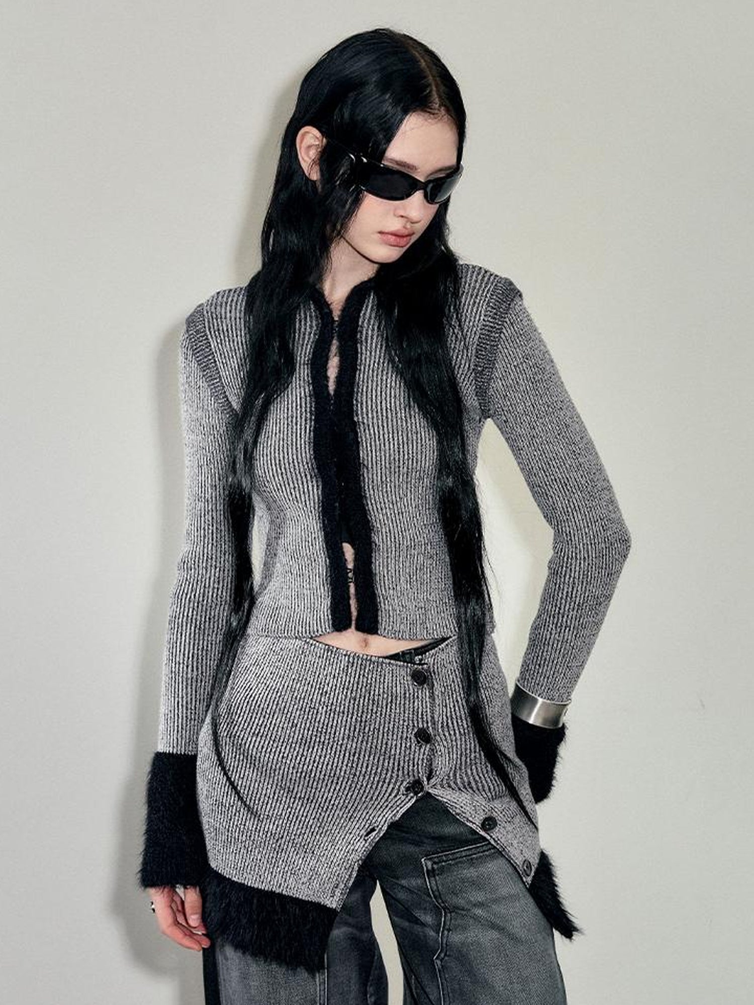 AnnoMundi Faux Mink Trimmed Hook Front Knit Cardigan