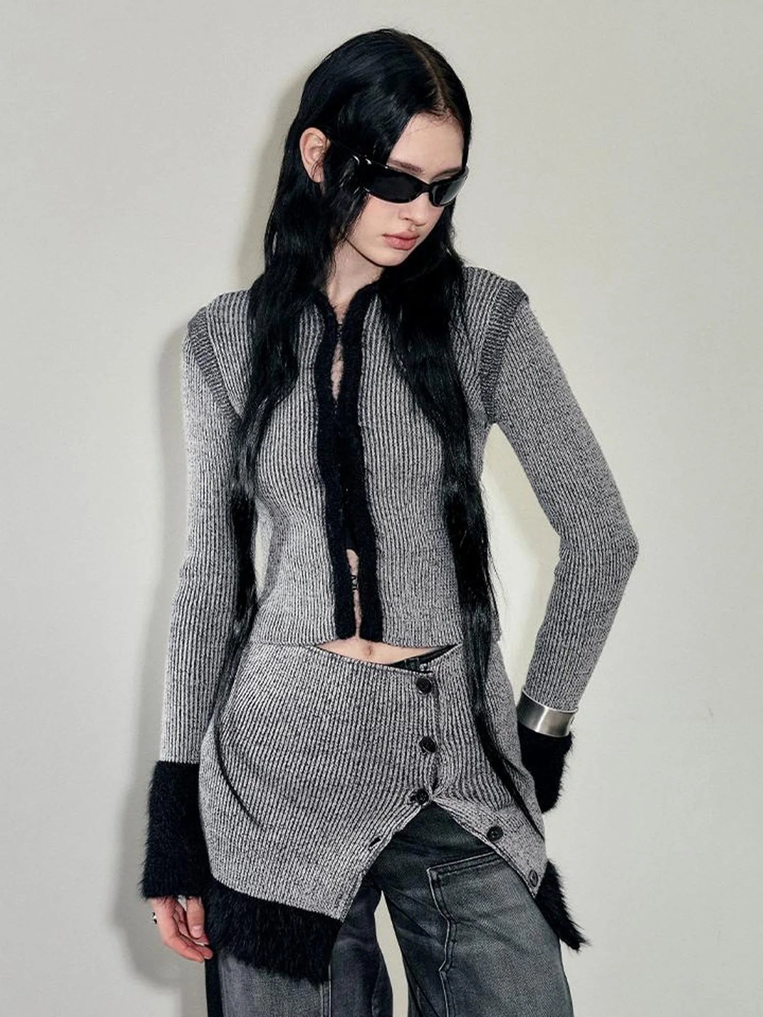 Faux Mink Trimmed Hook Front Knit Cardigan