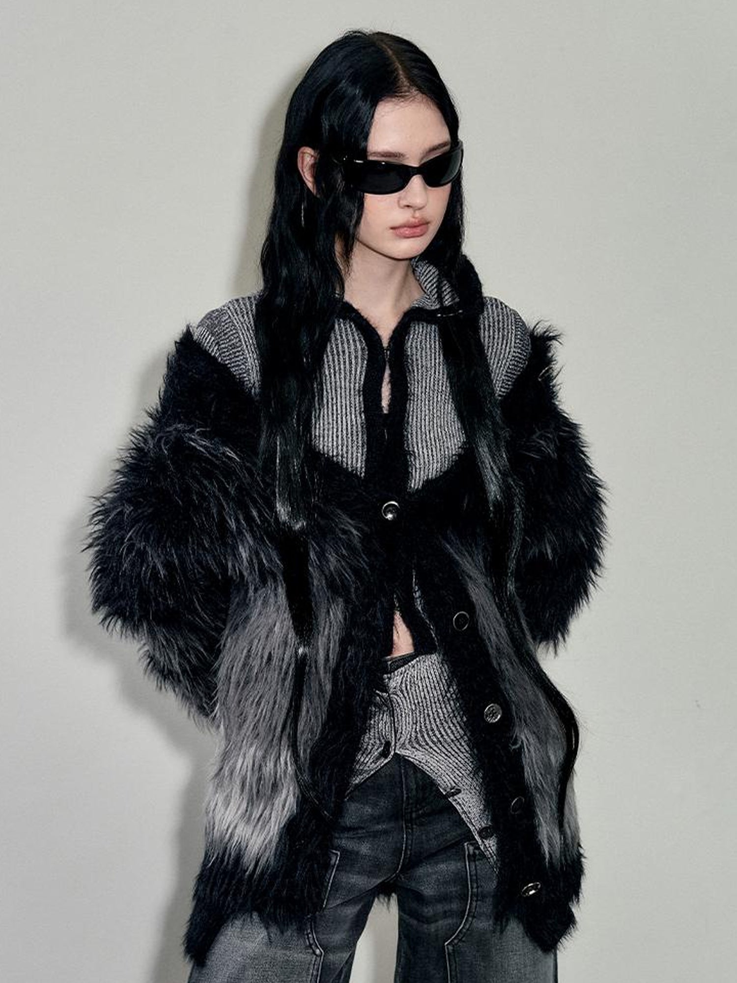 AnnoMundi Faux Mink Trimmed Hook Front Knit Cardigan