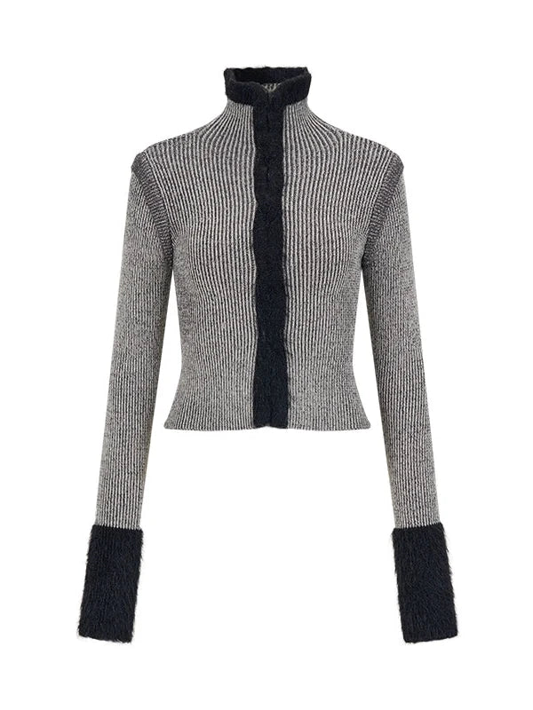Faux Mink Trimmed Hook Front Knit Cardigan