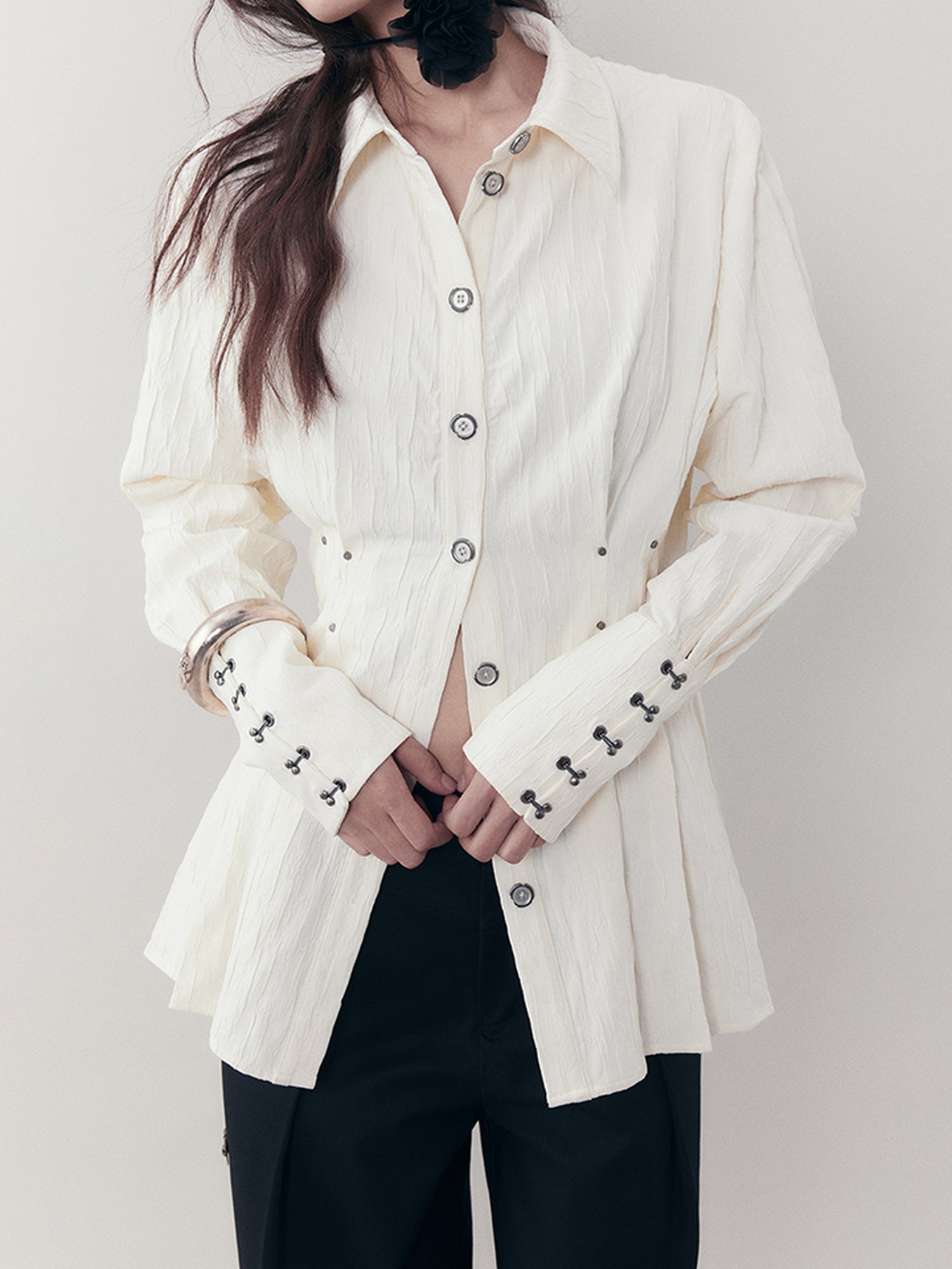 AnnoMundi Feast Time Embroidered Texture Shirt V-Neck T-Shirt Long-Sleeve
