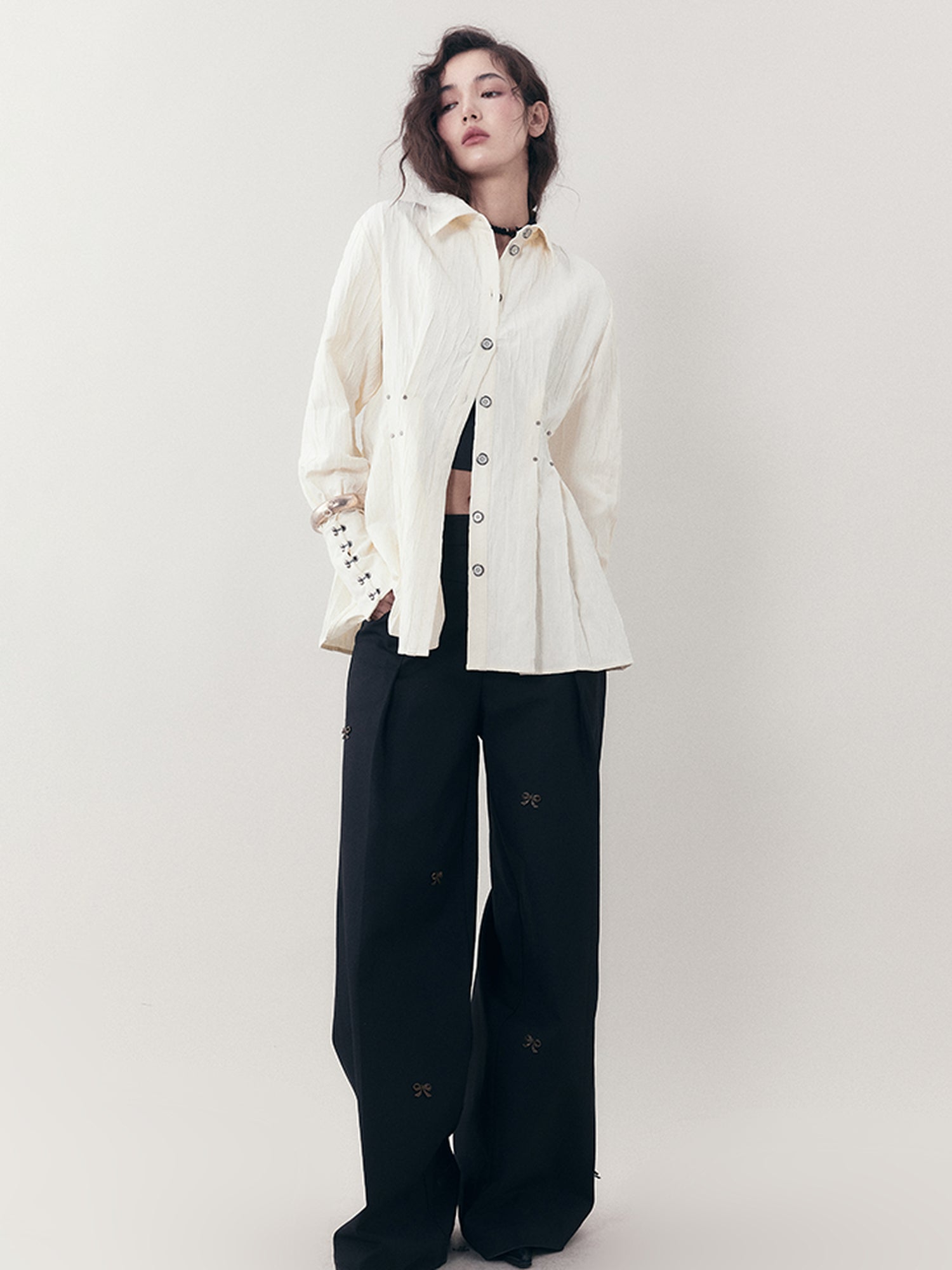 AnnoMundi Feast Time Embroidered Texture Shirt V-Neck T-Shirt Long-Sleeve