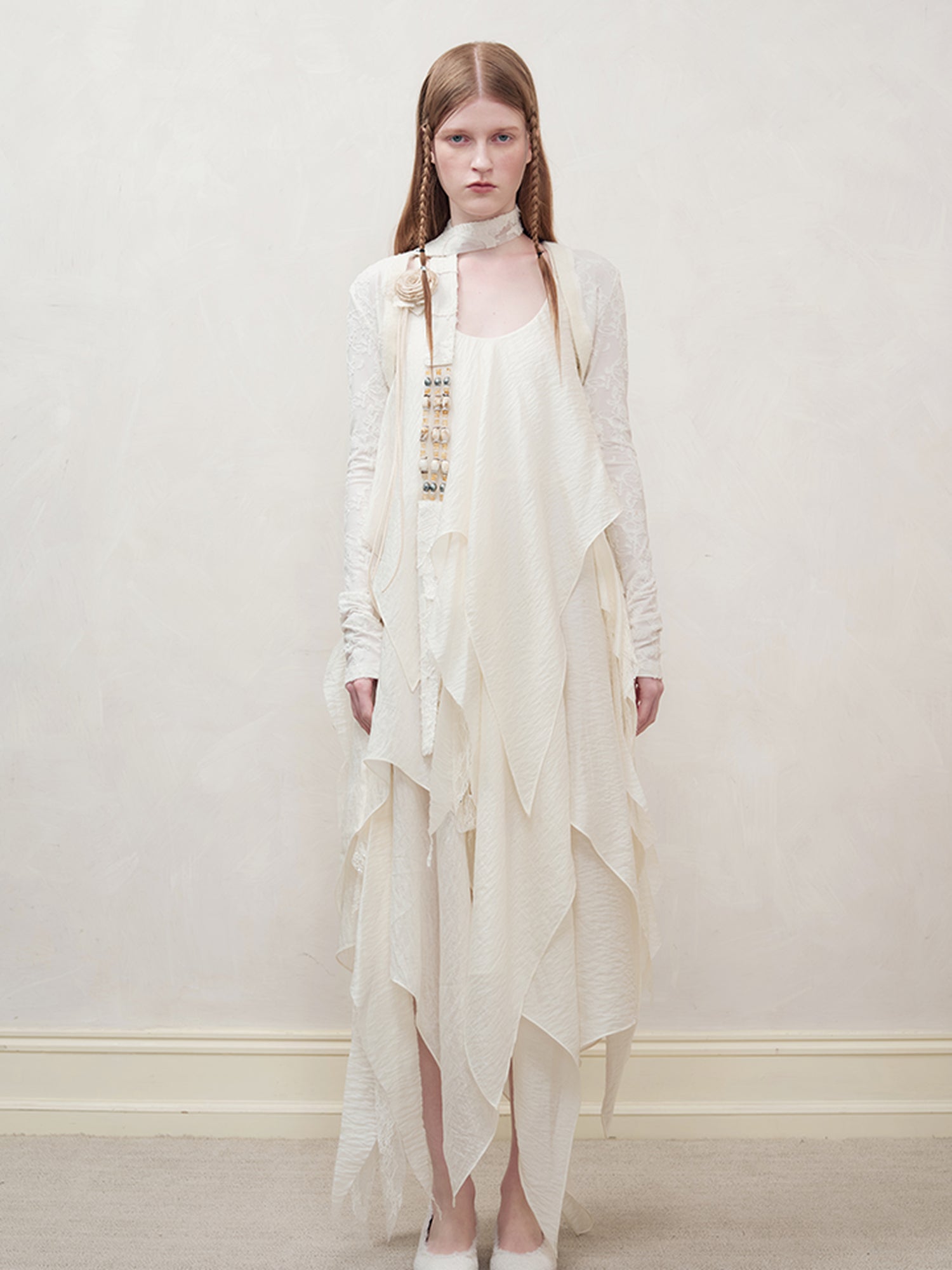 AnnoMundi Featherlight Woven Lace Maxi Dress V-Neck T-Shirt Long-Sleeve