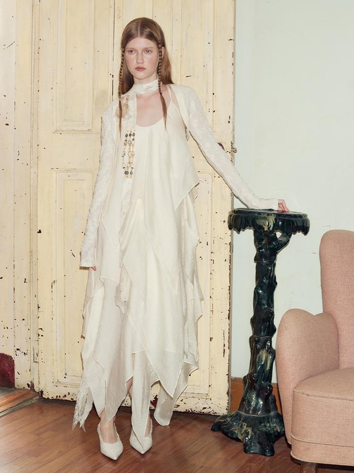 AnnoMundi Featherlight Woven Lace Maxi Dress V-Neck T-Shirt Long-Sleeve