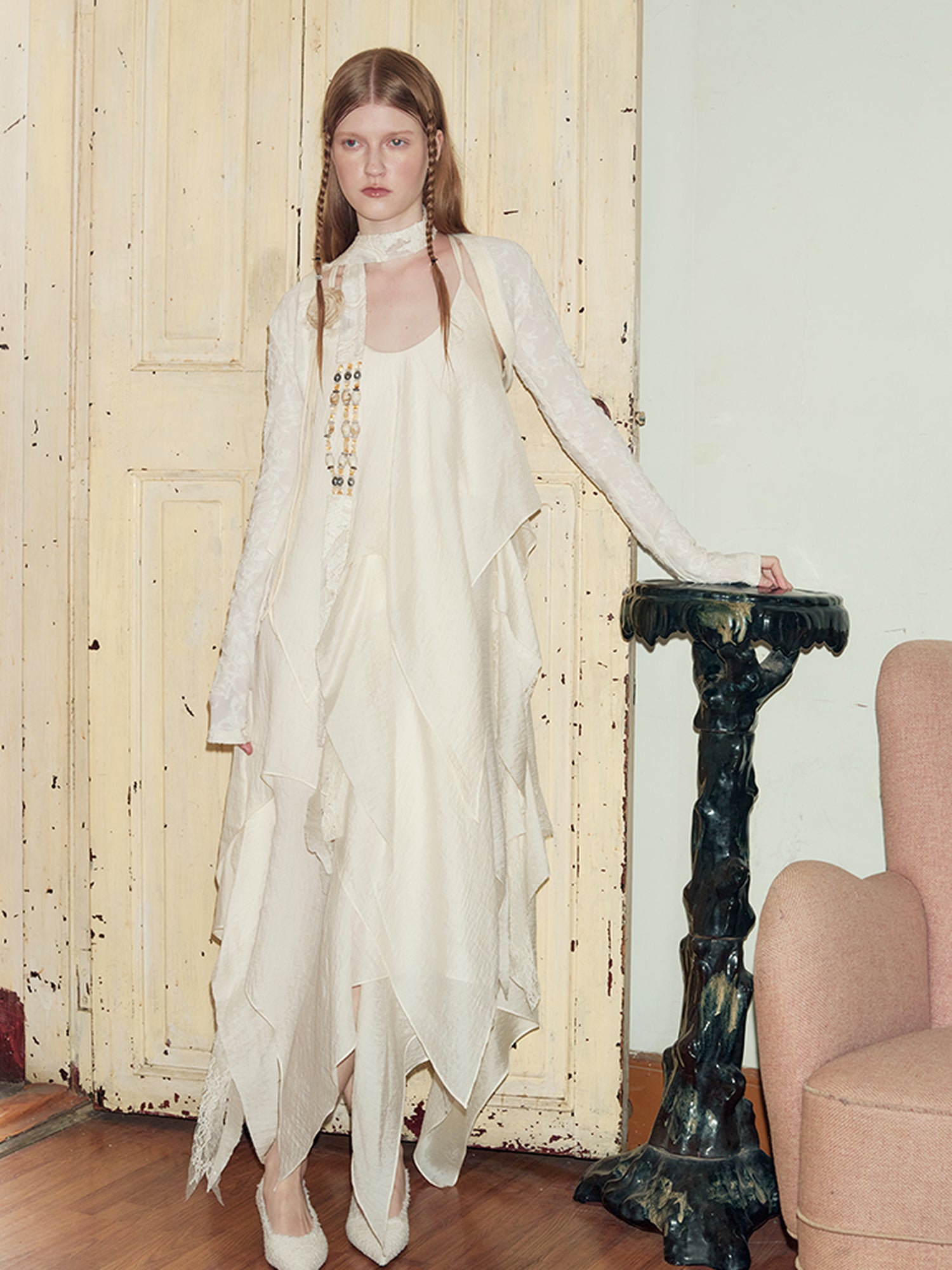 AnnoMundi Featherlight Woven Lace Maxi Dress V-Neck T-Shirt Long-Sleeve