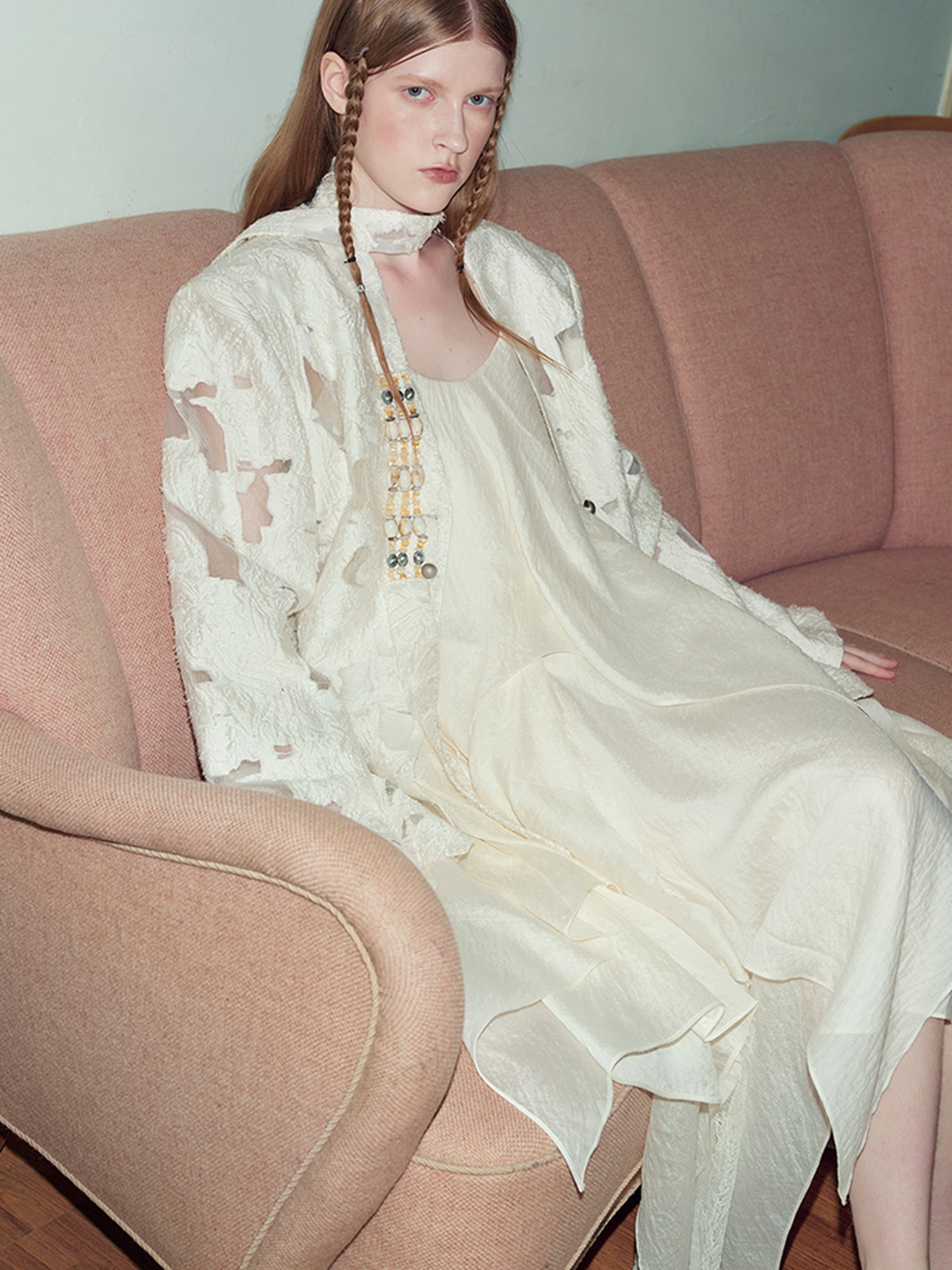 AnnoMundi Featherlight Woven Lace Maxi Dress V-Neck T-Shirt Long-Sleeve