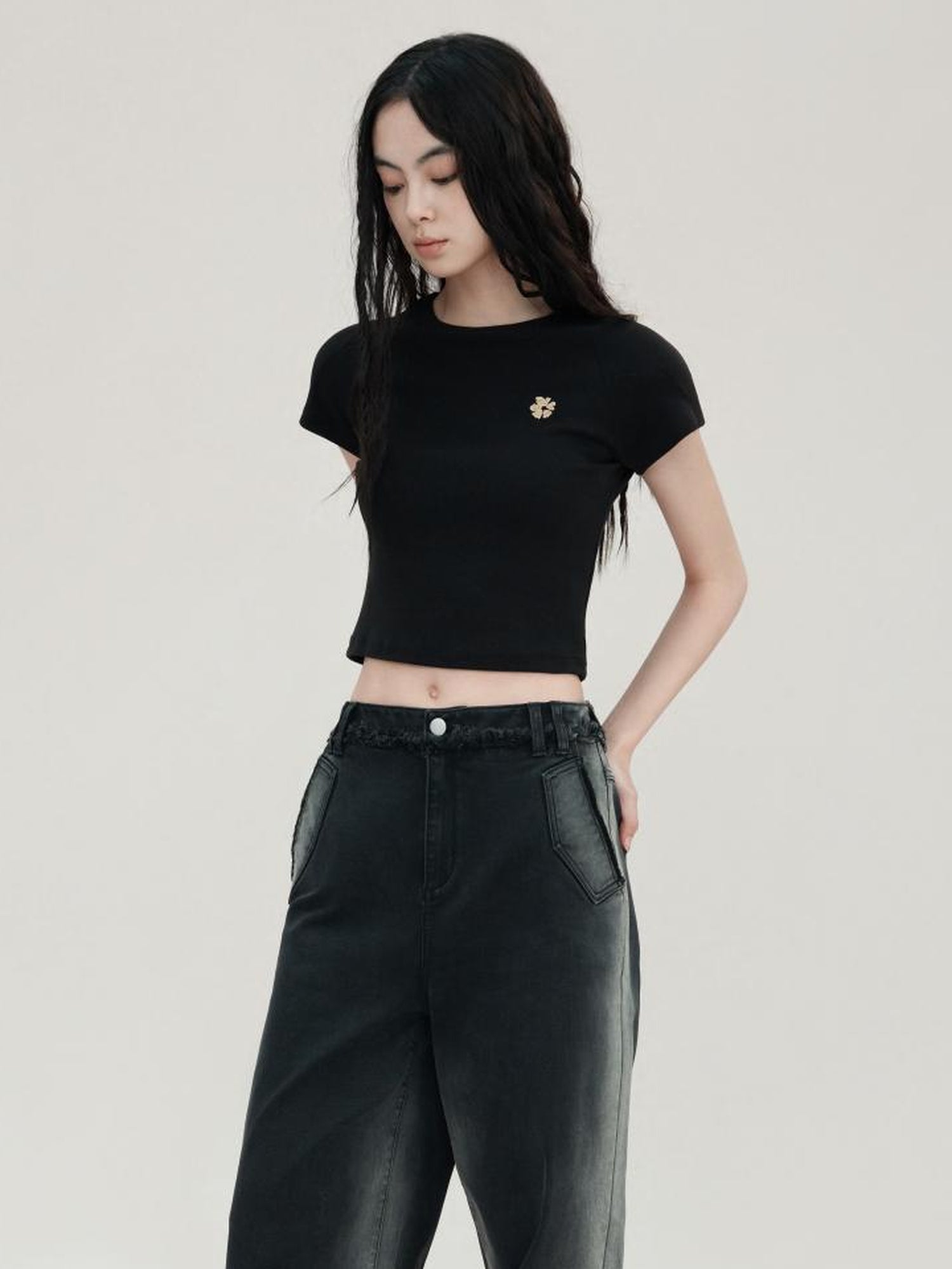 AnnoMundi Floral Embroidered Cropped Knit V-Neck T-Shirt Long-Sleeve